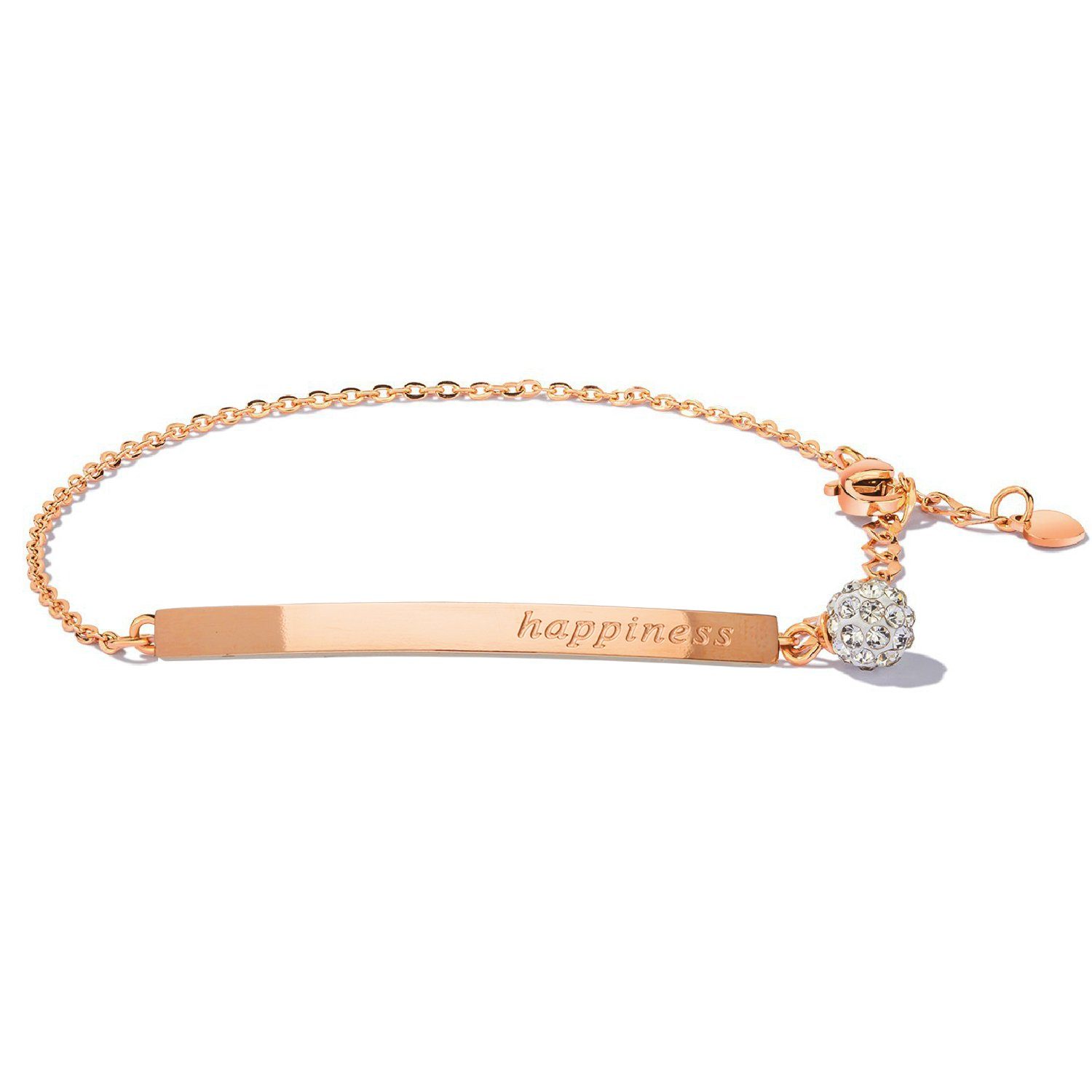 LÖB Armband Armband Titan in Roségold Vergoldet Happiness Gravur Zirkonia Stein (Geschenke für Frauen Beste Freundin Mutter Mama Damen zum Geburtstag Ostern Muttertag Muttertagsgeschenk, Inkl. Schmuckbox), Damen Armkette Verstellbar Glitzer Kugel Freundschaft Schrift Platte