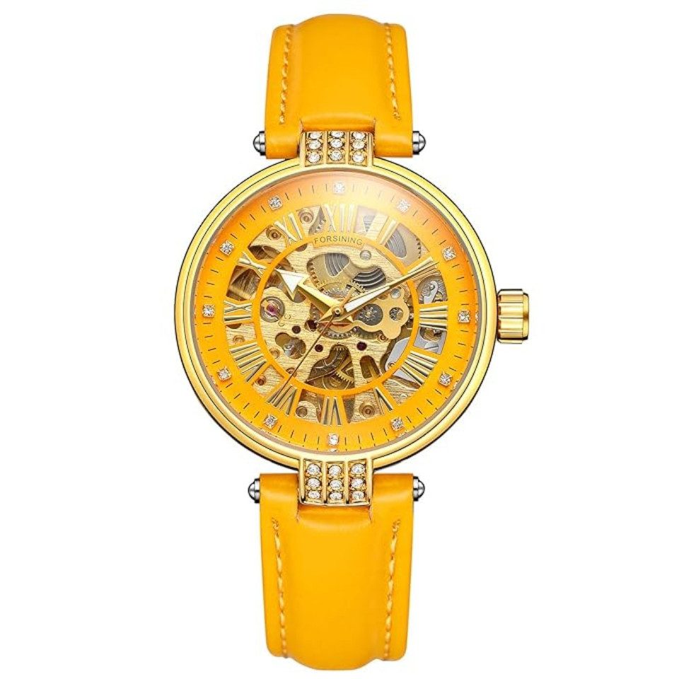 Rötting Design Automatikuhr Damenuhr Edelstahl goldfarbenes Ziffernblatt Lederarmband, (inkl. Uhrenschatulle, auch zum Verschenken geeignet), Rhinestone Besatz, leichter Tragekomfort