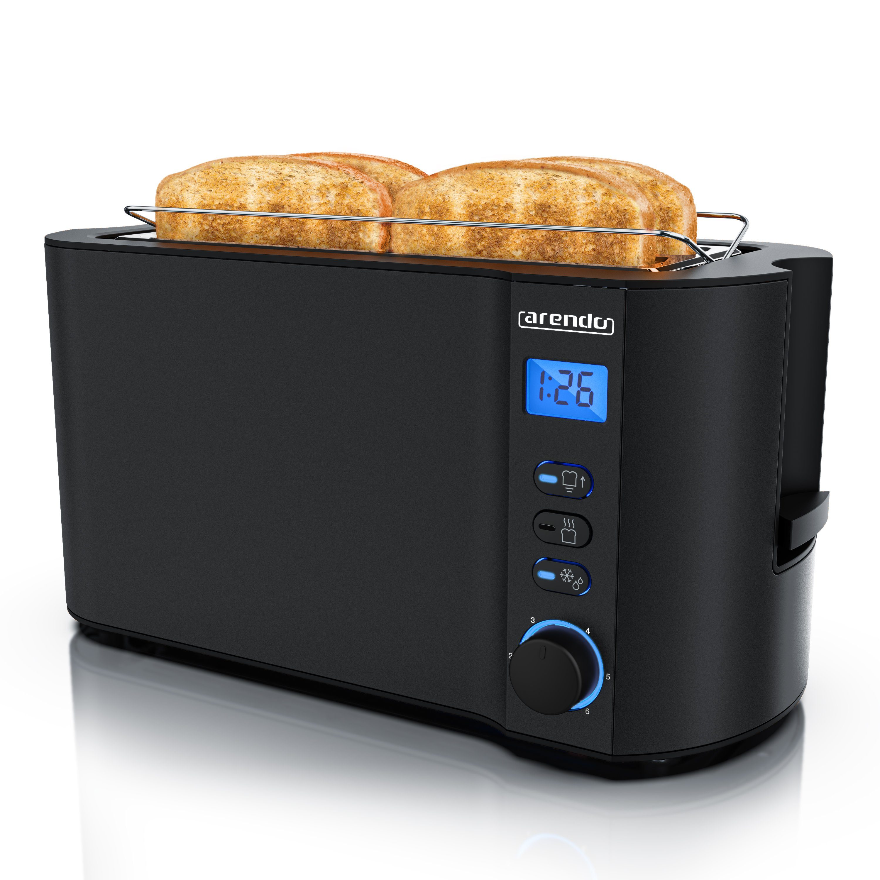 Arendo Toaster Edelstahl, Langschlitz, Display mit Restzeitanzeige, Krümelschublade, 2 lange Schlitze, für 4 Scheiben, 1500 W, Defrost Funktion, Wärmeisolierendes Gehäuse, mit Brötchenaufsatz