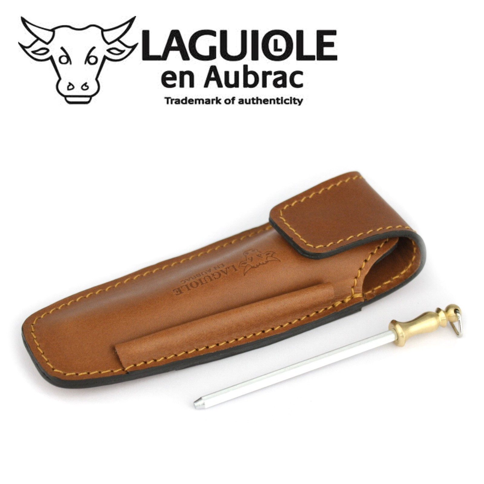 Laguiole en Aubrac Messertasche EAF braun, Gürteletui braun für Laguiole Messer mit 11/12cm Griff - Schleifstab