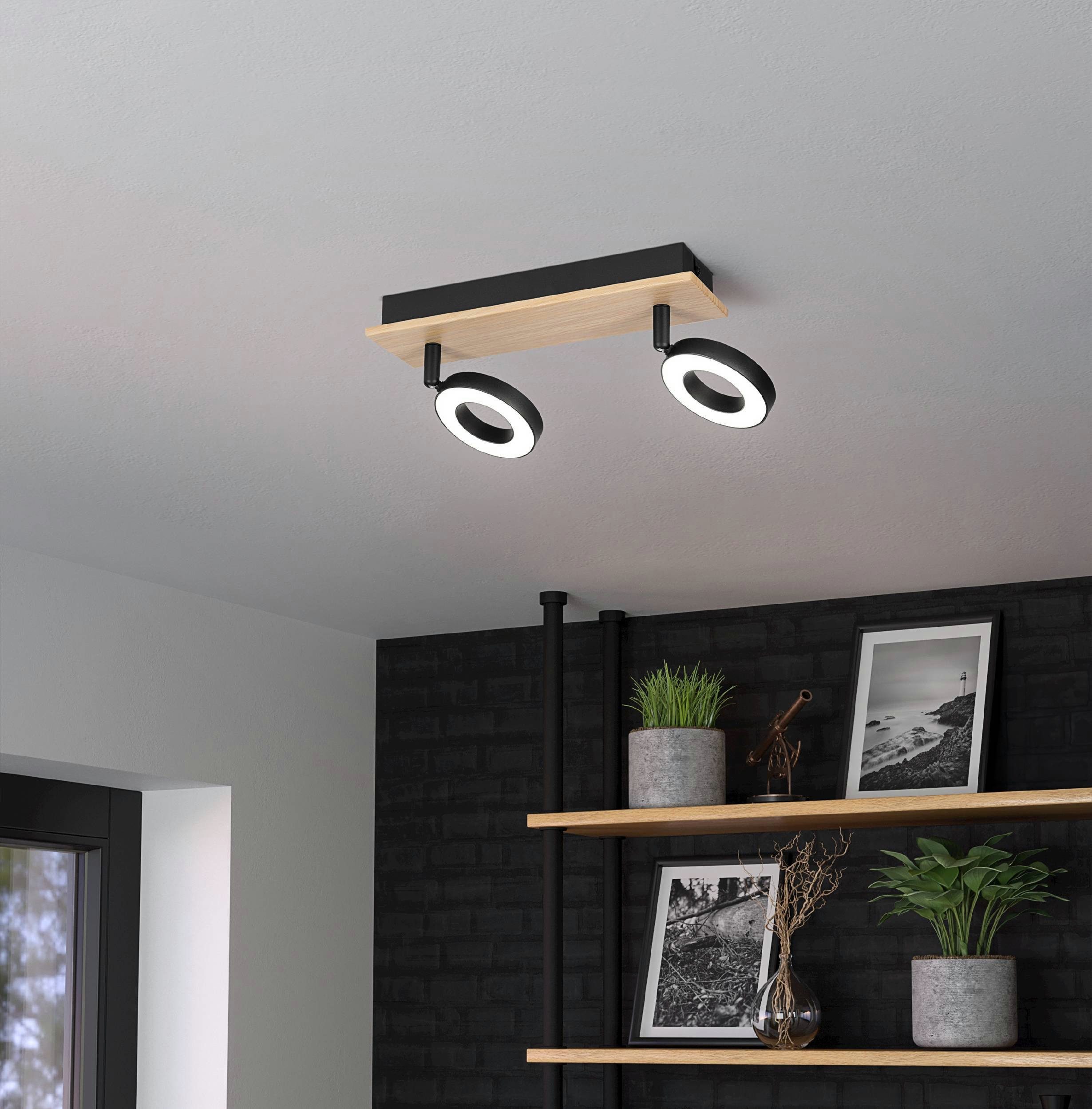 EGLO Deckenleuchte Rielves Deckenlampe, Holz und Metall, Spotbalken schwenkbar, Lampe, LED fest integriert, Warmweiß, Spot - L28 x B7 x H17,5 cm - braun, schwarz - 2X4,2W inkl.