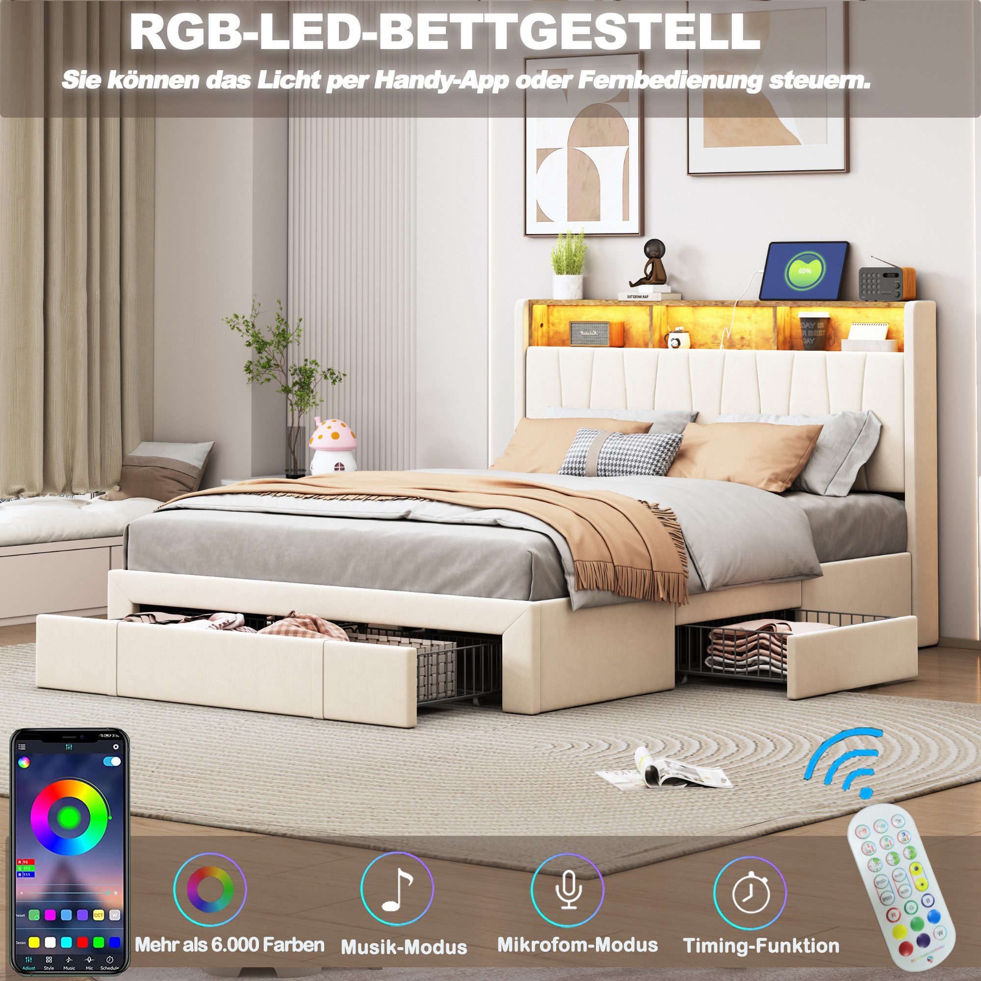 FUROKOY Polsterbett Doppelbett,Funktionsbett Stauraumbett mit LED-Licht günstig online kaufen