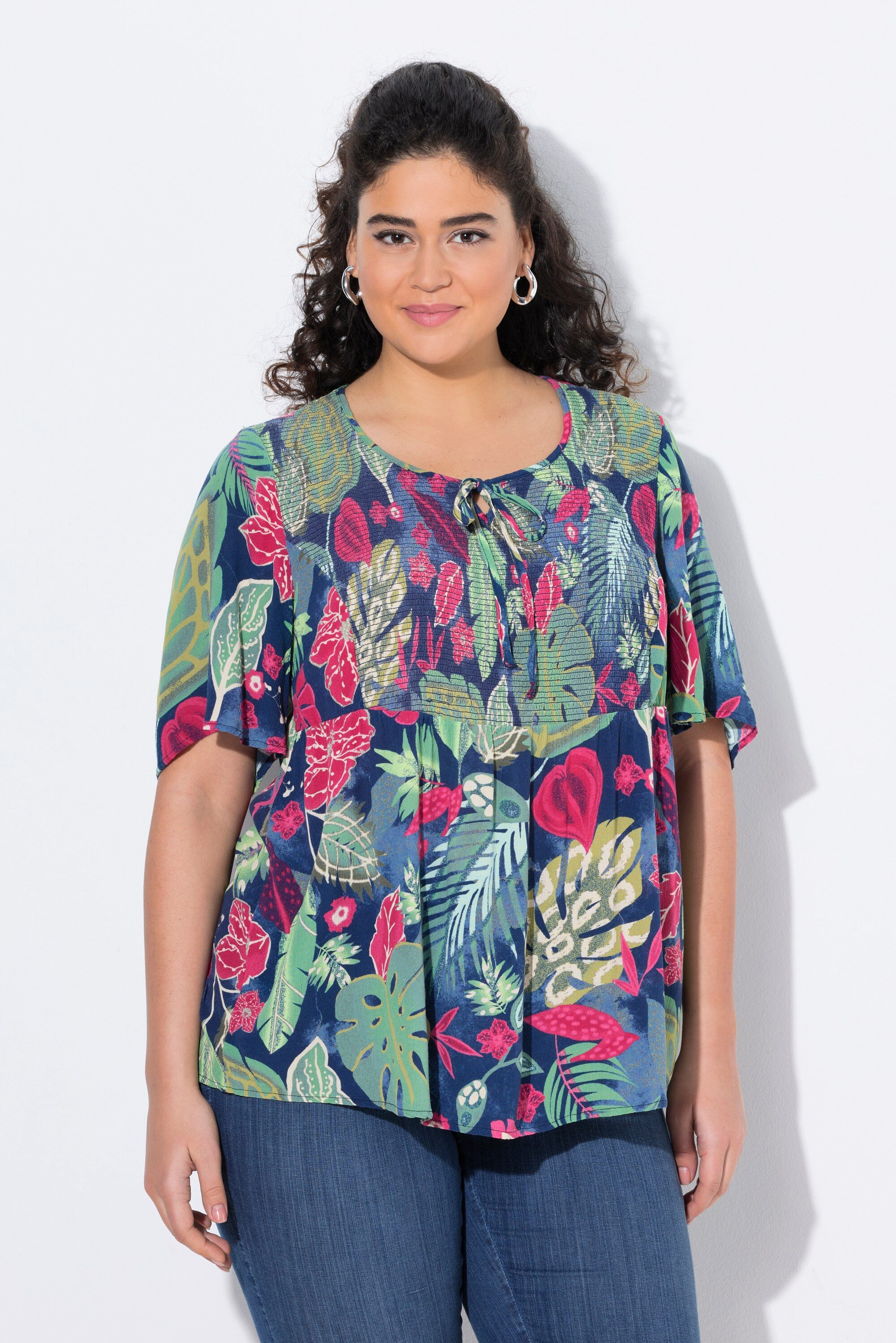 Ulla Popken Tunika Smok-Bluse Blätter A-Linie günstig online kaufen