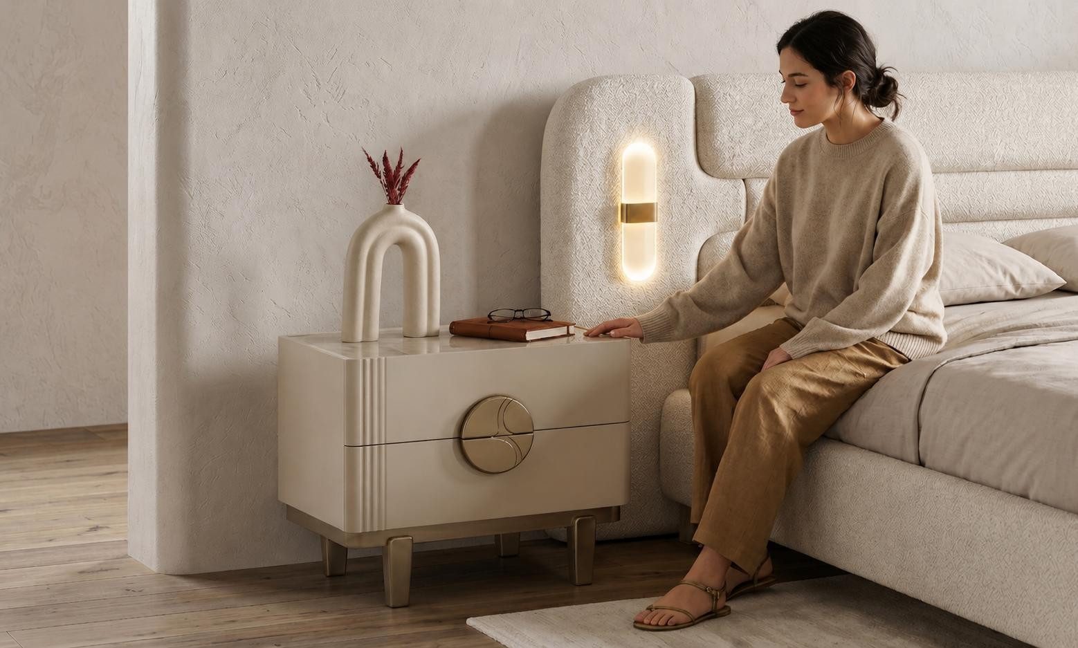 JVmoebel Nachttisch 2x Nachttische Beige Elegant Minimalistisch Modern Harmonisch Edel, Made in Europa