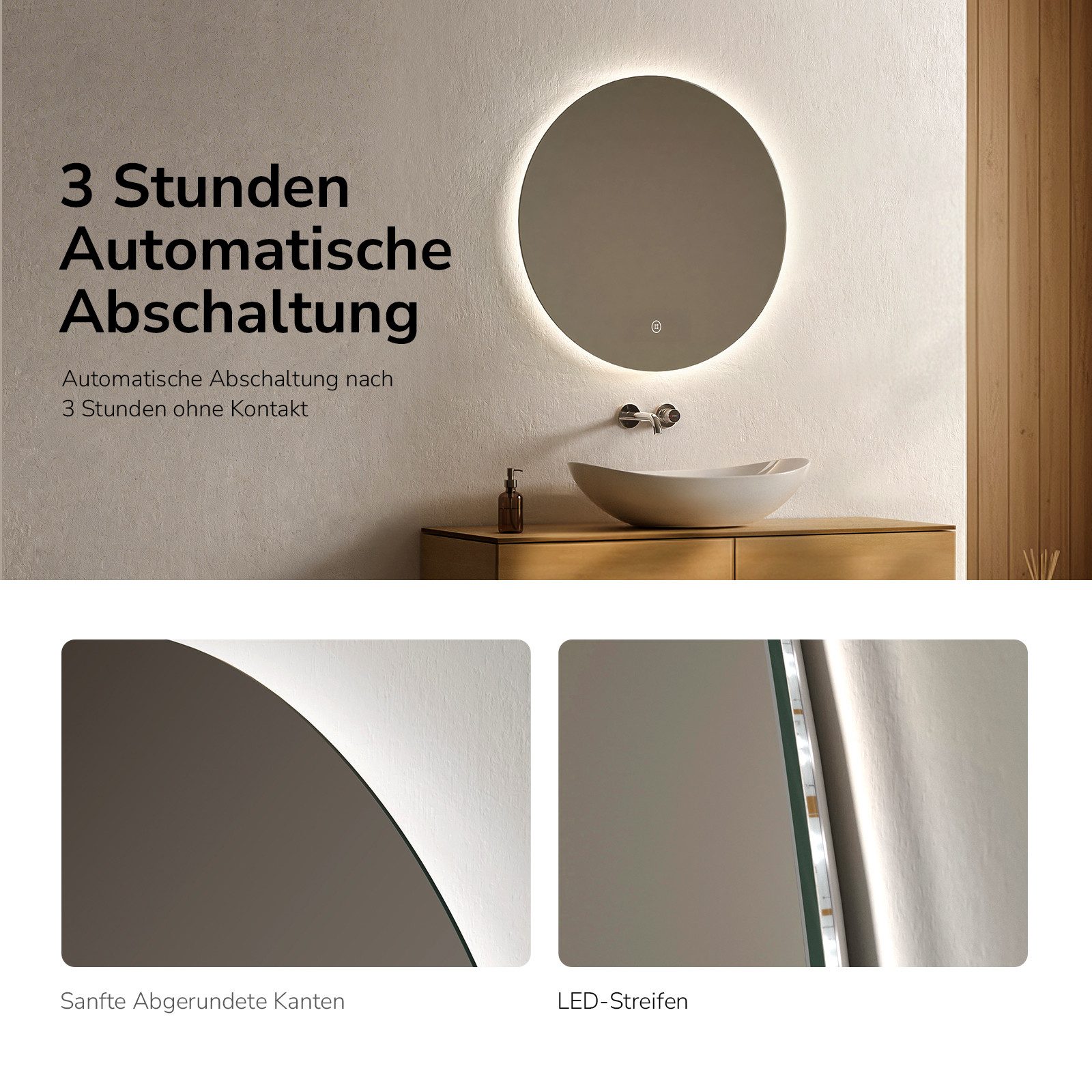 EMKE Badspiegel Runder Wandspiegel mit LED-Beleuchtung ohne Rahmen, Dimmbar Modern (50~80cm, Touchschalter), Kaltweiß Licht, Dimmbar, Memory Funktion, IP44
