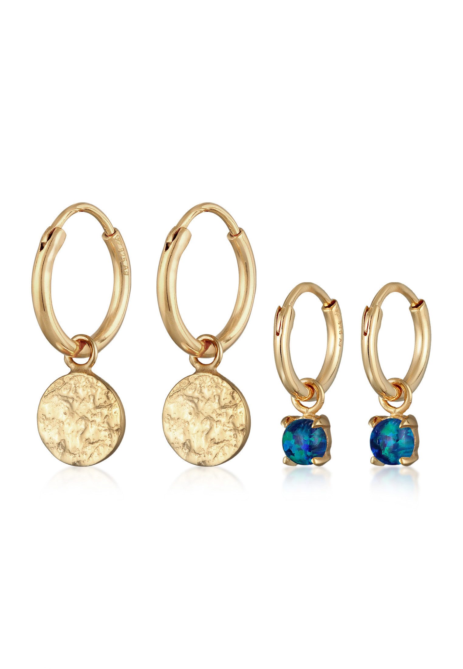 Elli Ohrring-Set Creolen Plättchen Opal blau 2er Set 925 Silber, Kreis