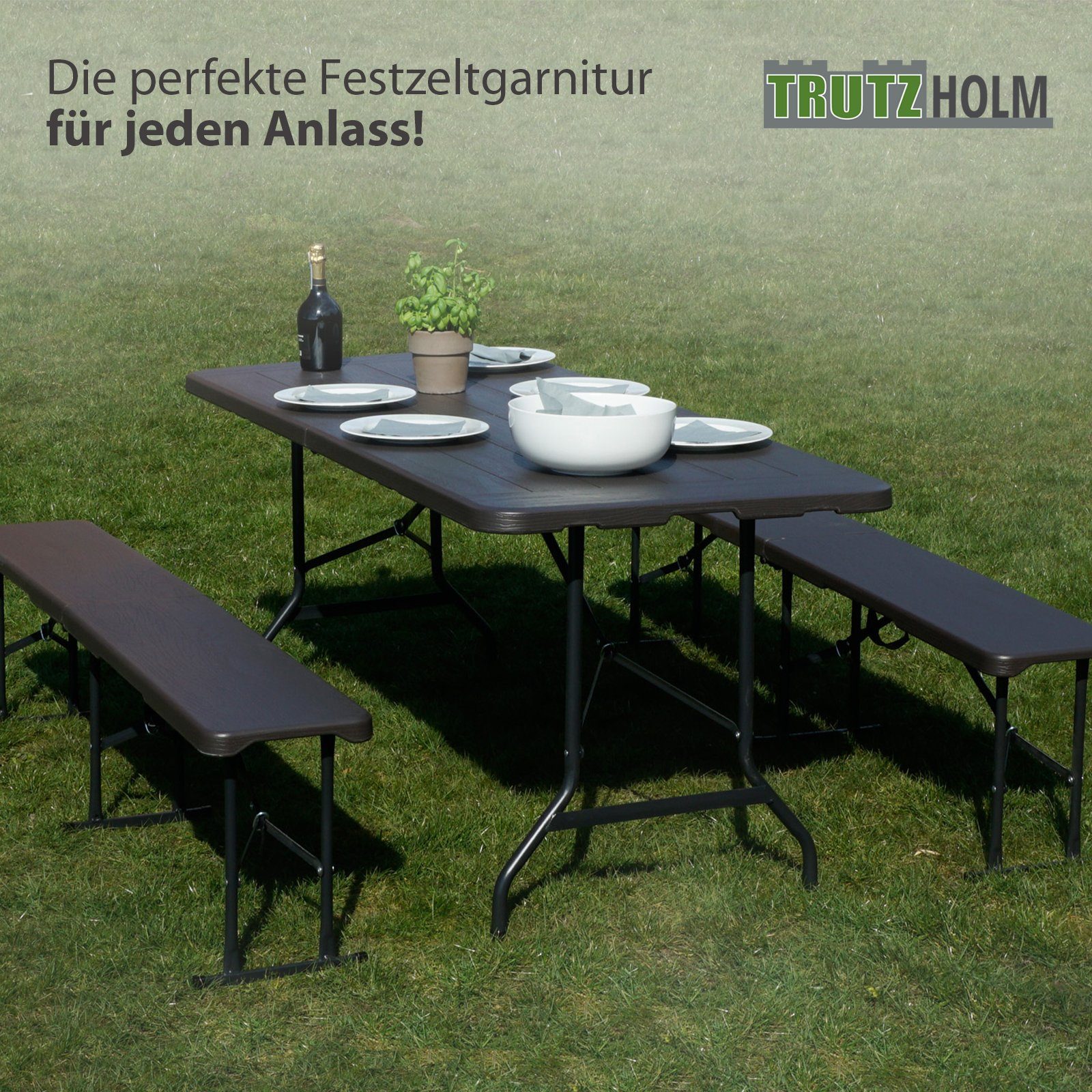 TRUTZHOLM Bierzeltgarnitur graue Holzoptik Festzeltgarnitur 180x75cm klappbar Gartenmöbelset, (3-tlg., 2 Bierbänke,1 Tisch)