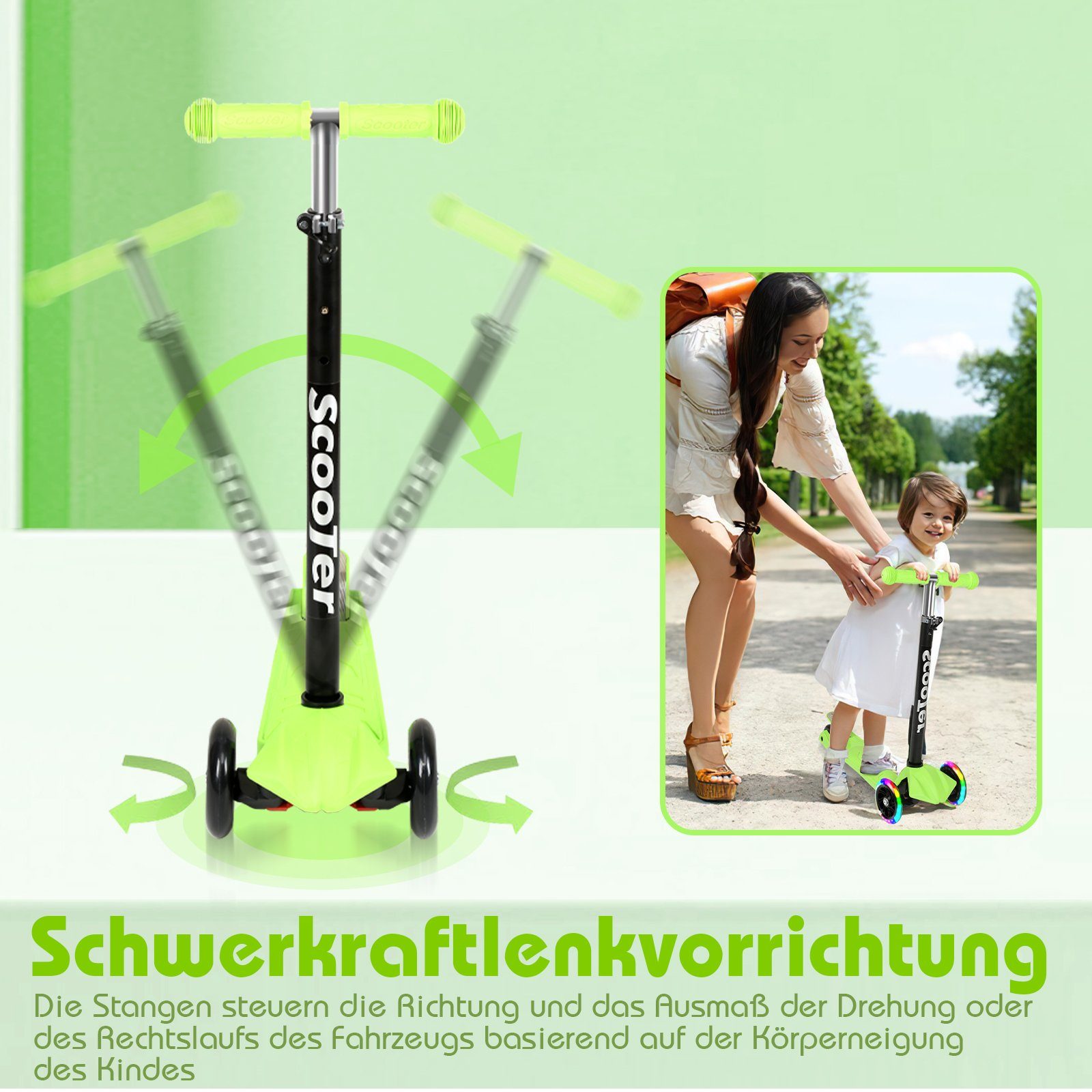 kg Lospitch Kinderroller Tretroller LED-Räder Grün Scooter bis Höhenverstellbar 50