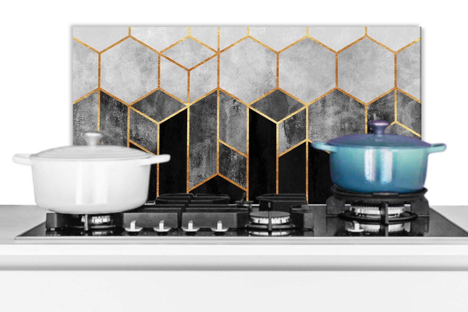 cm, Sechseck 60x30 und - Wandschutz, Fett gegen für Muster - Chic Schmutzflecken Gold MuchoWow Küchen Luxus, - Küchenrückwand - (1-tlg),