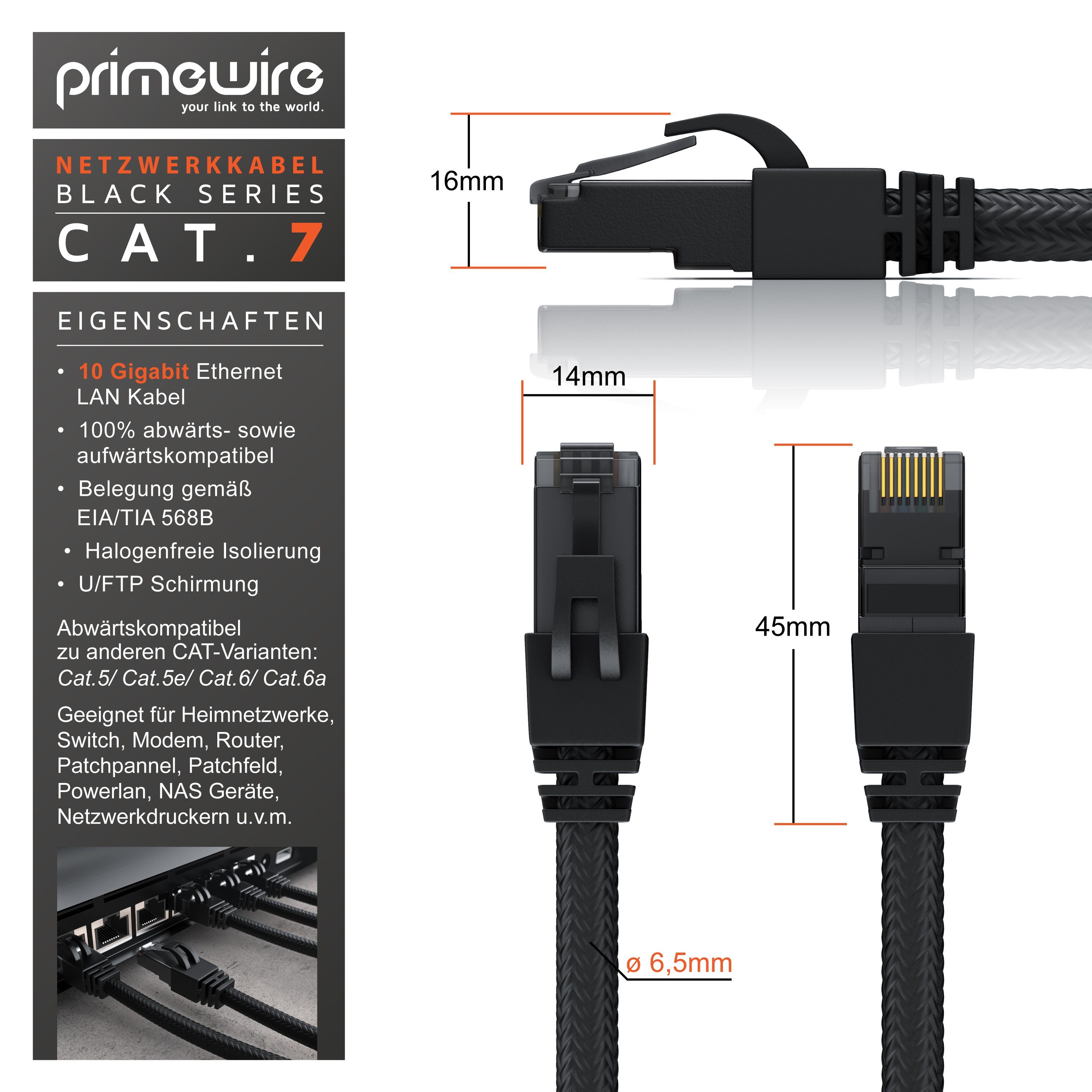 Primewire LAN-Kabel, CAT.7, RJ-45 (Ethernet) (25 cm), Patchkabel CAT 7, Baumwollummantelung, Gigabit Netzwerkkabel - 0,25m