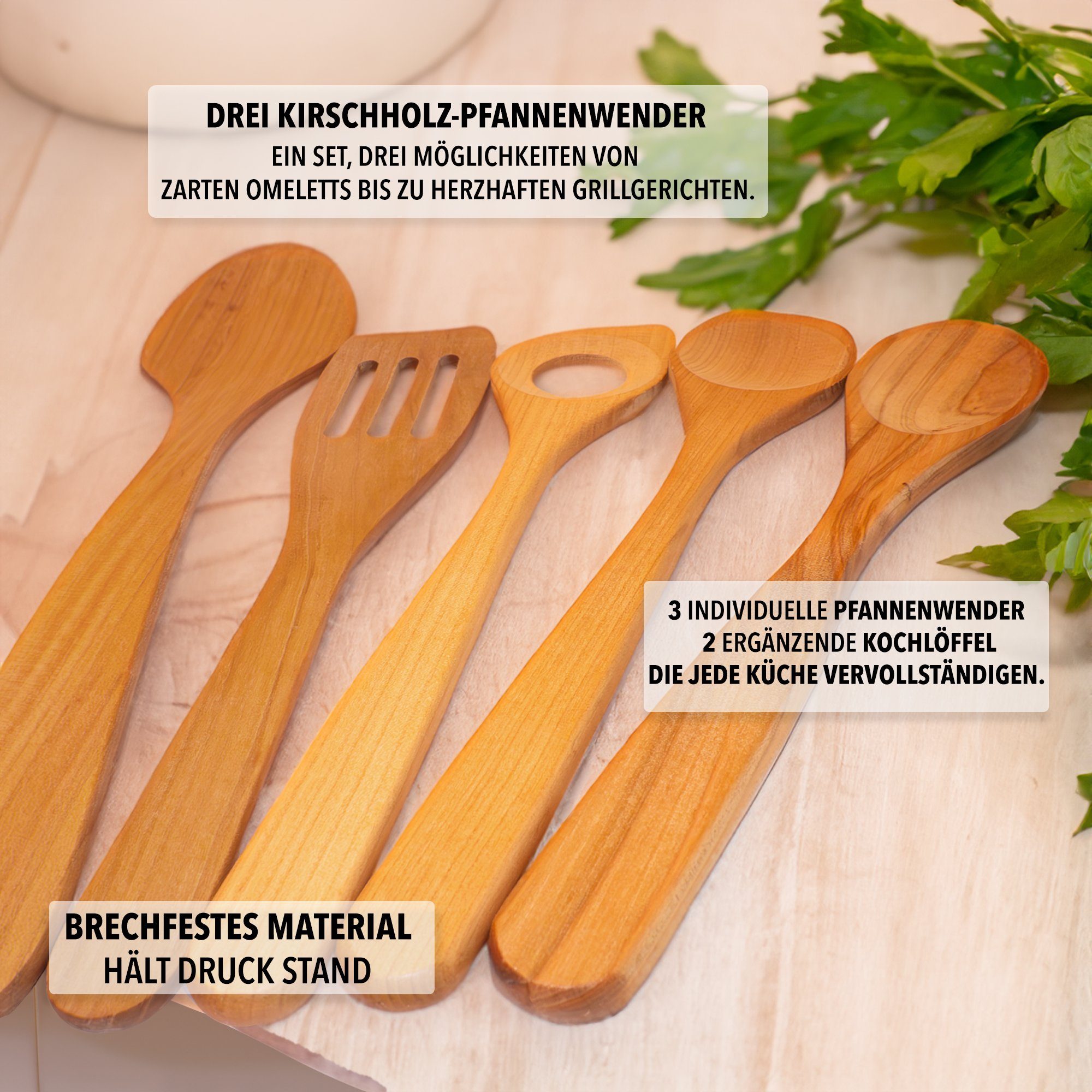 SOHFA nachhaltig Kirschholz, Küchenutensilien-Set lebensmittelecht 5er Kirschholz Pfannenwender aus schadstofffrei