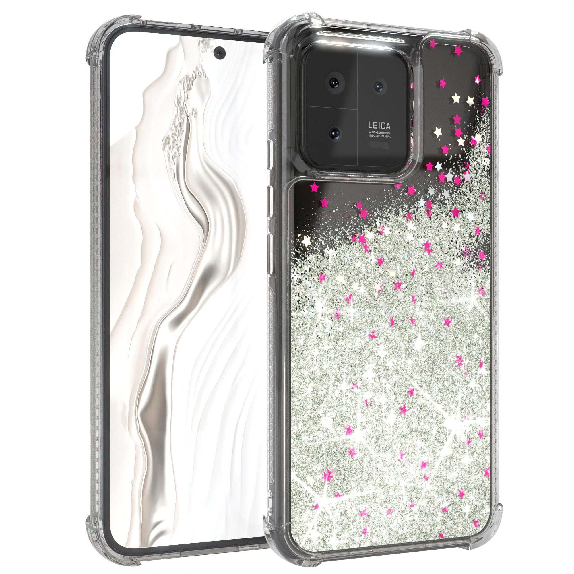 EAZY CASE Handyhülle Liquid Glittery Case für Xiaomi 13 6,36 Zoll, Kratzfeste Silikonhülle stoßfestes Back Cover Phone Case Etui Silber