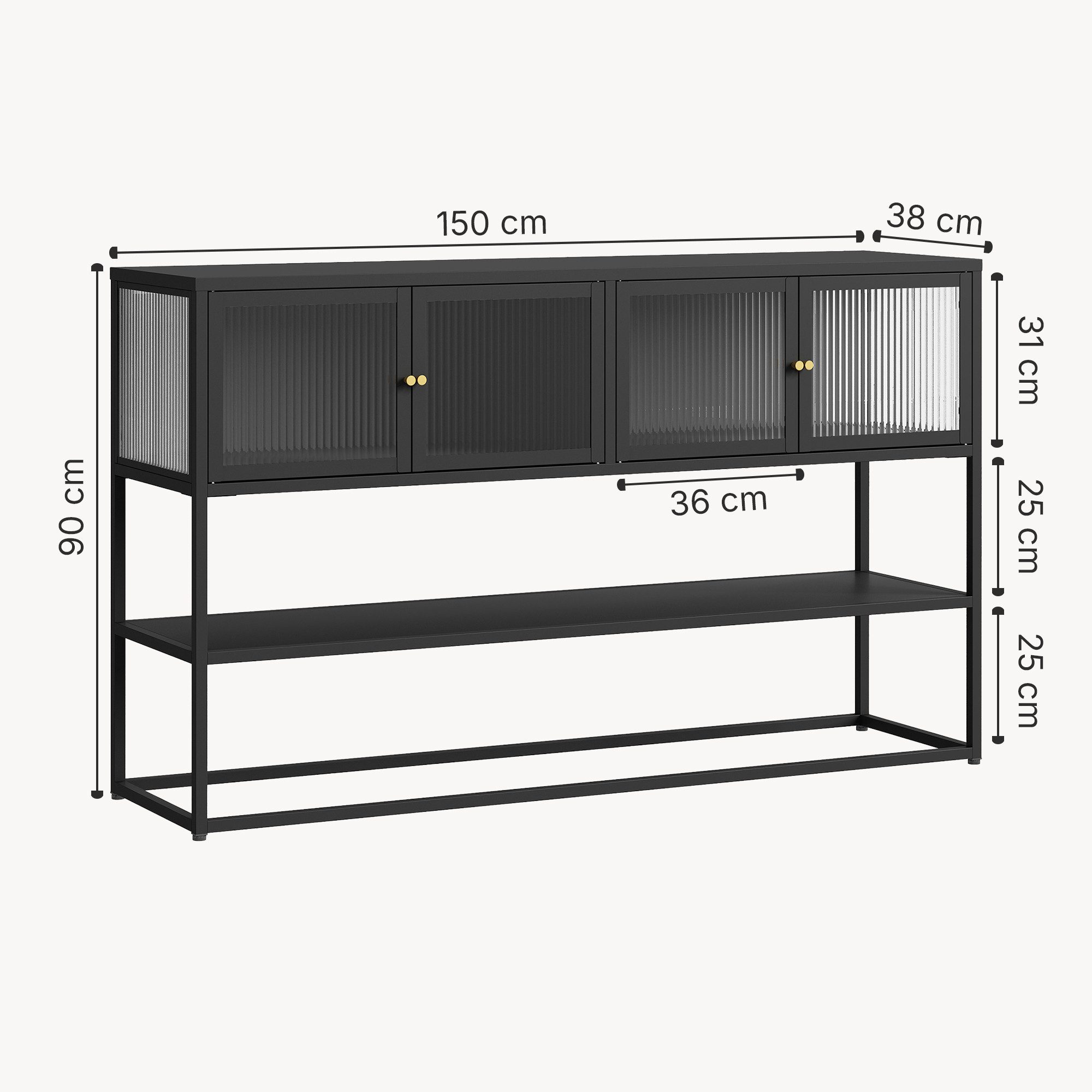 en.casa Vitrine »Säkylä« 4 Glastüren 2 Fächer 1 Ablage 150x38x90 cm Schwarz – Bild 4 von 5
