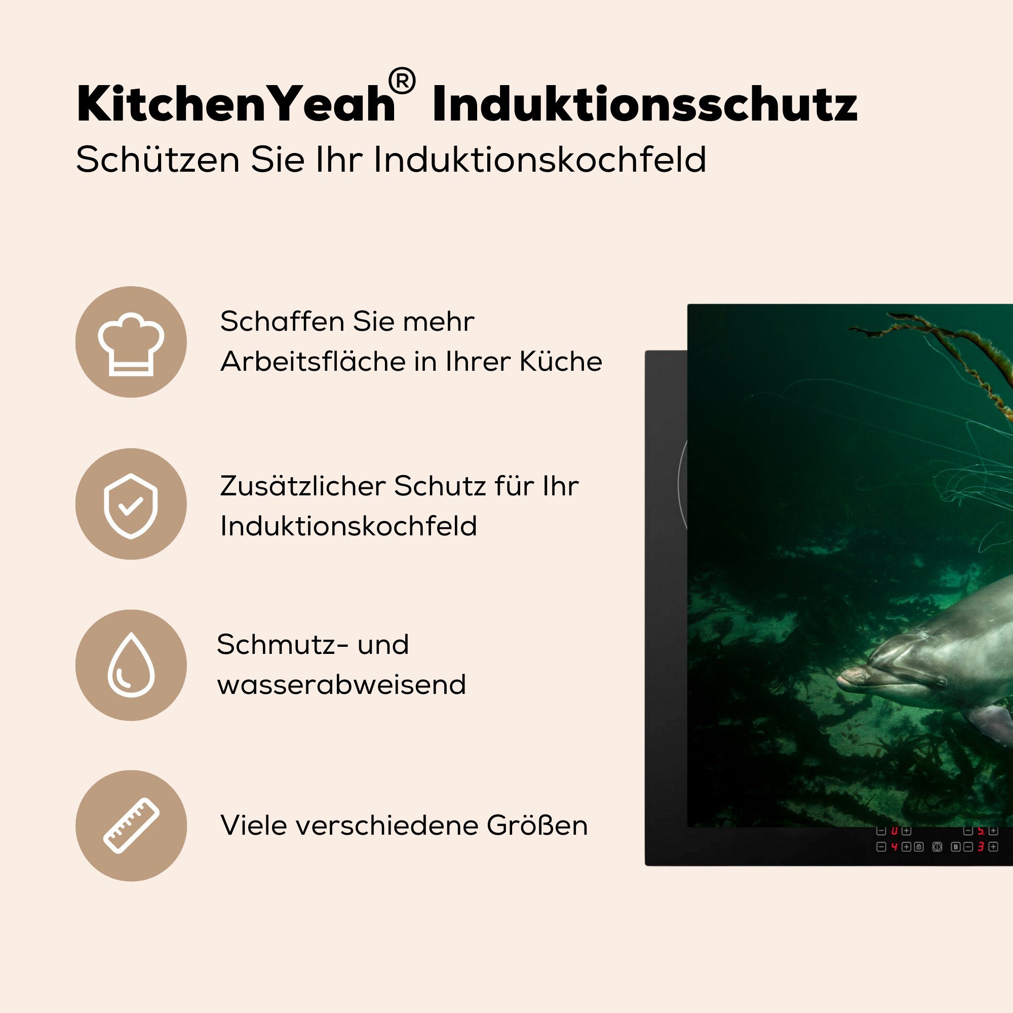Induktionskochfeld - Delphin Herdblende-/Abdeckplatte die 81x52 - küche, Qualle Ceranfeldabdeckung MuchoWow (1 Meer, für Vinyl, Schutz tlg), cm,