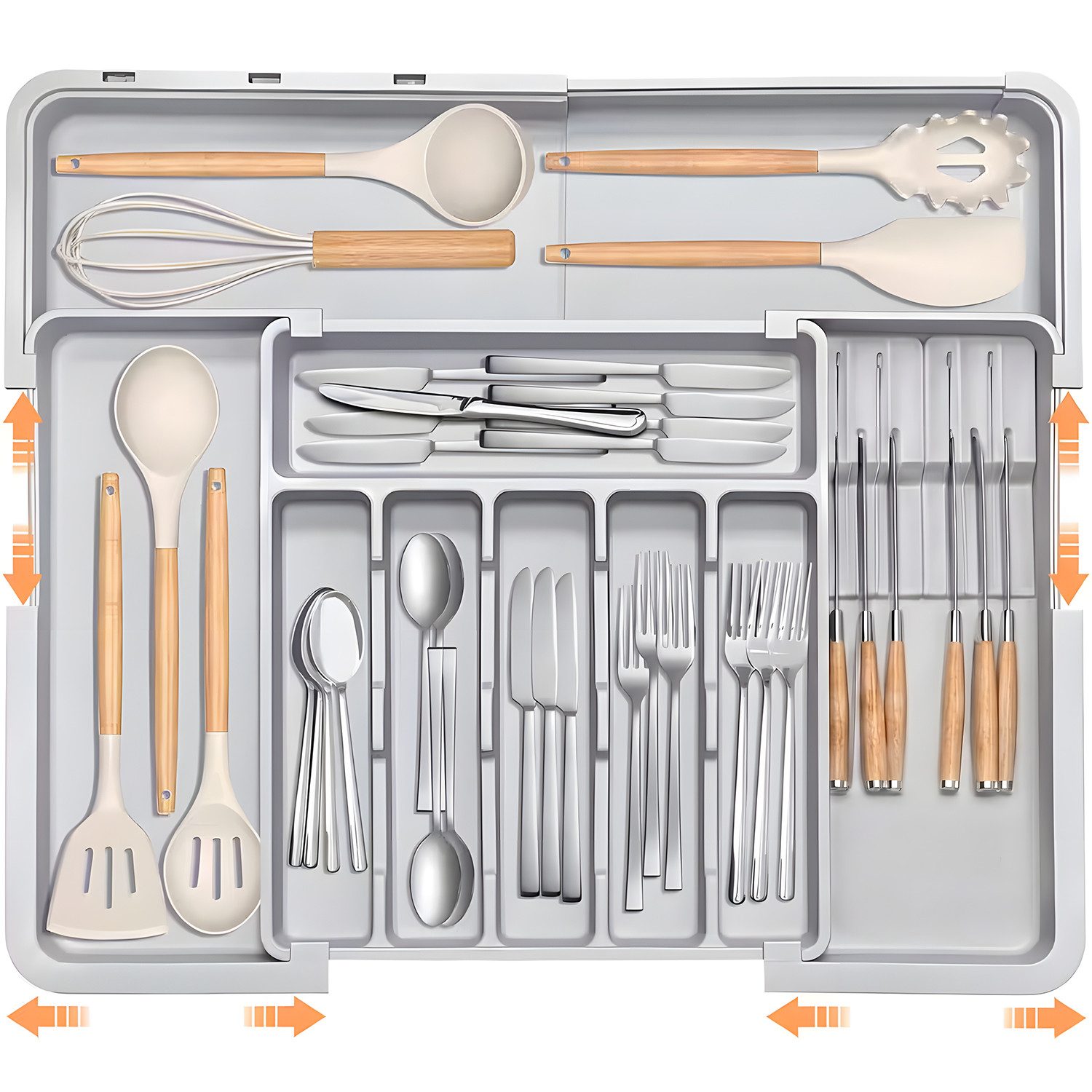 AIMAX Organizer Ausziehbarer Besteckkasten für Schubladen mit Abnehmbar Messerhalter (PP Besteckhalter Besteckeinsatz Schubladeneinsatz Besteckorganizer, 1 St., 9 Fächer, Platzsparend & Erweiterbar 33–36.8 bis 48.2–55.8 cm(Grau), Küchenschubladen Organize