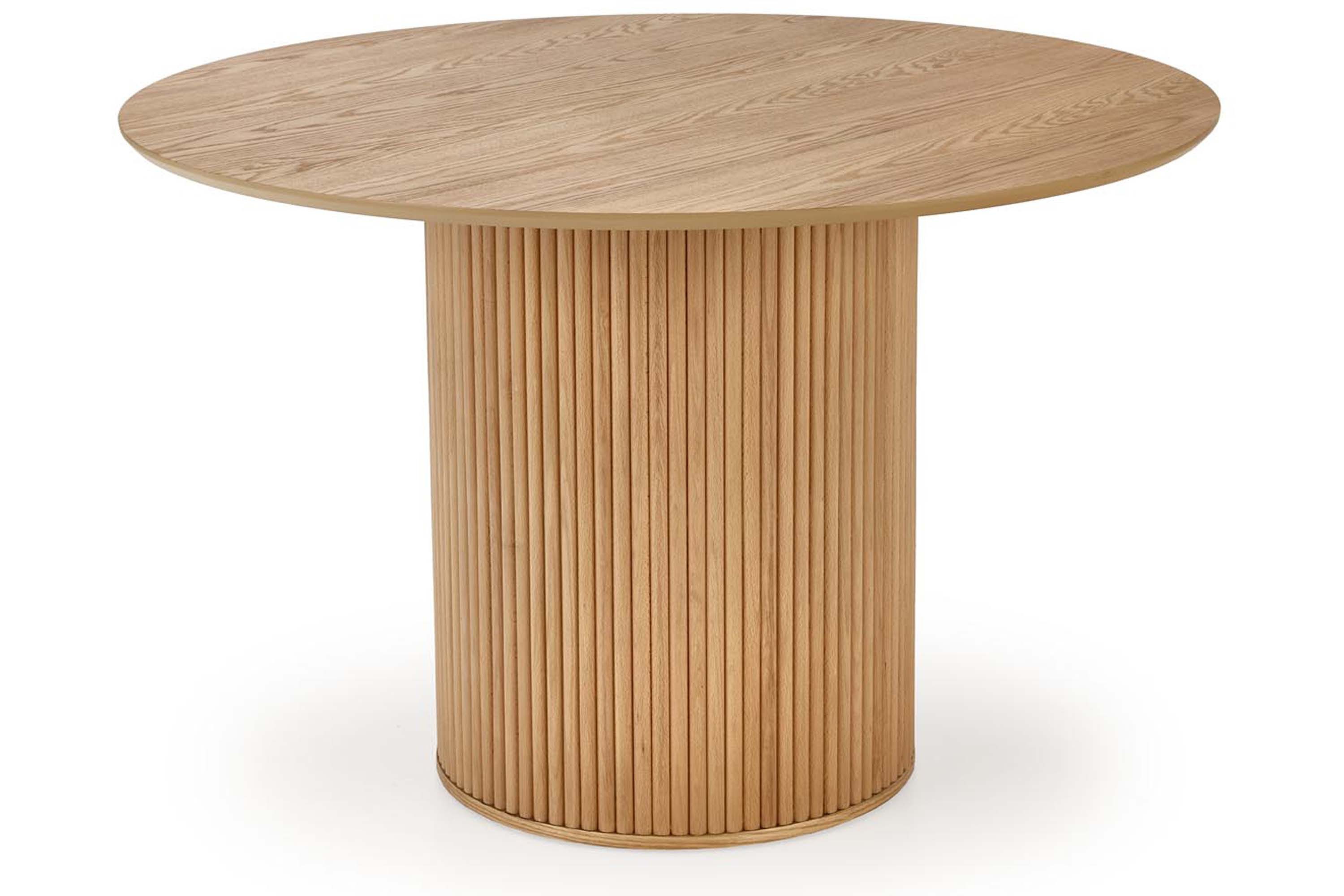 KONSIMO® Esstisch FARA Runder Esszimmertisch, Säulenfuß, bis 4 Personen, Küchentisch, Massivholzbein, Boho-Stil, dekorative Lamellen