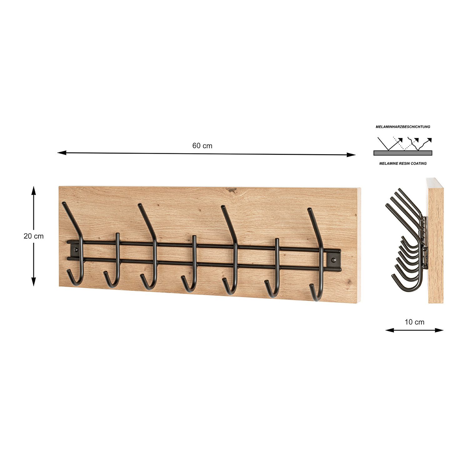 HAKU Garderobenständer PARMA 12 Garderobe - eiche-schwarz - MDF, Metall - H. 20cm x B. 60cm, (1xWandgarderobe, Wandhalterung - Wandhalter), Wandhakenleiste - Hakenleiste - Garderobenleiste - Wandhaken
