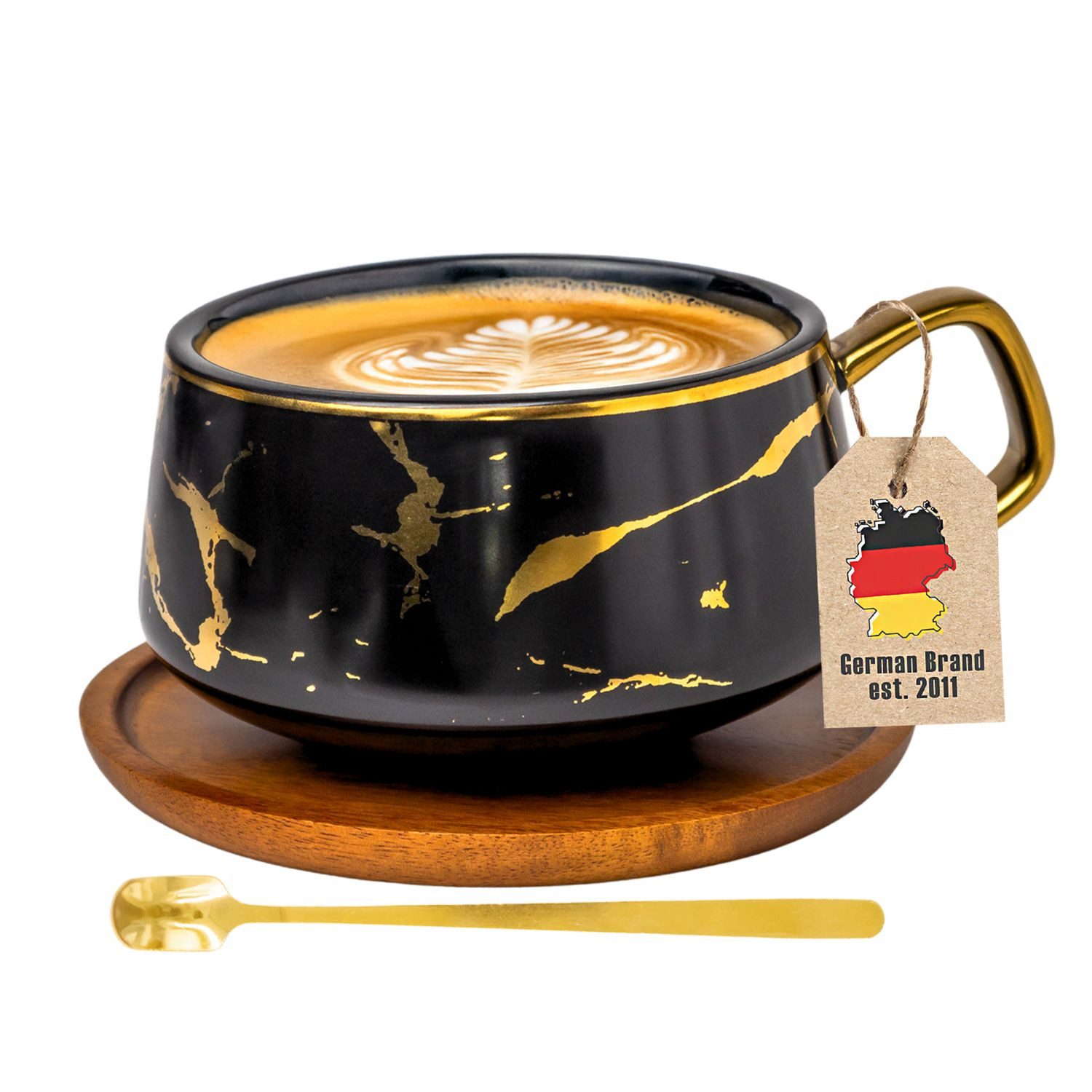 Intirilife Tasse, 1-tlg., Keramik, 1x Kaffeetasse, Teetasse mit Holz Untersetzer Becher