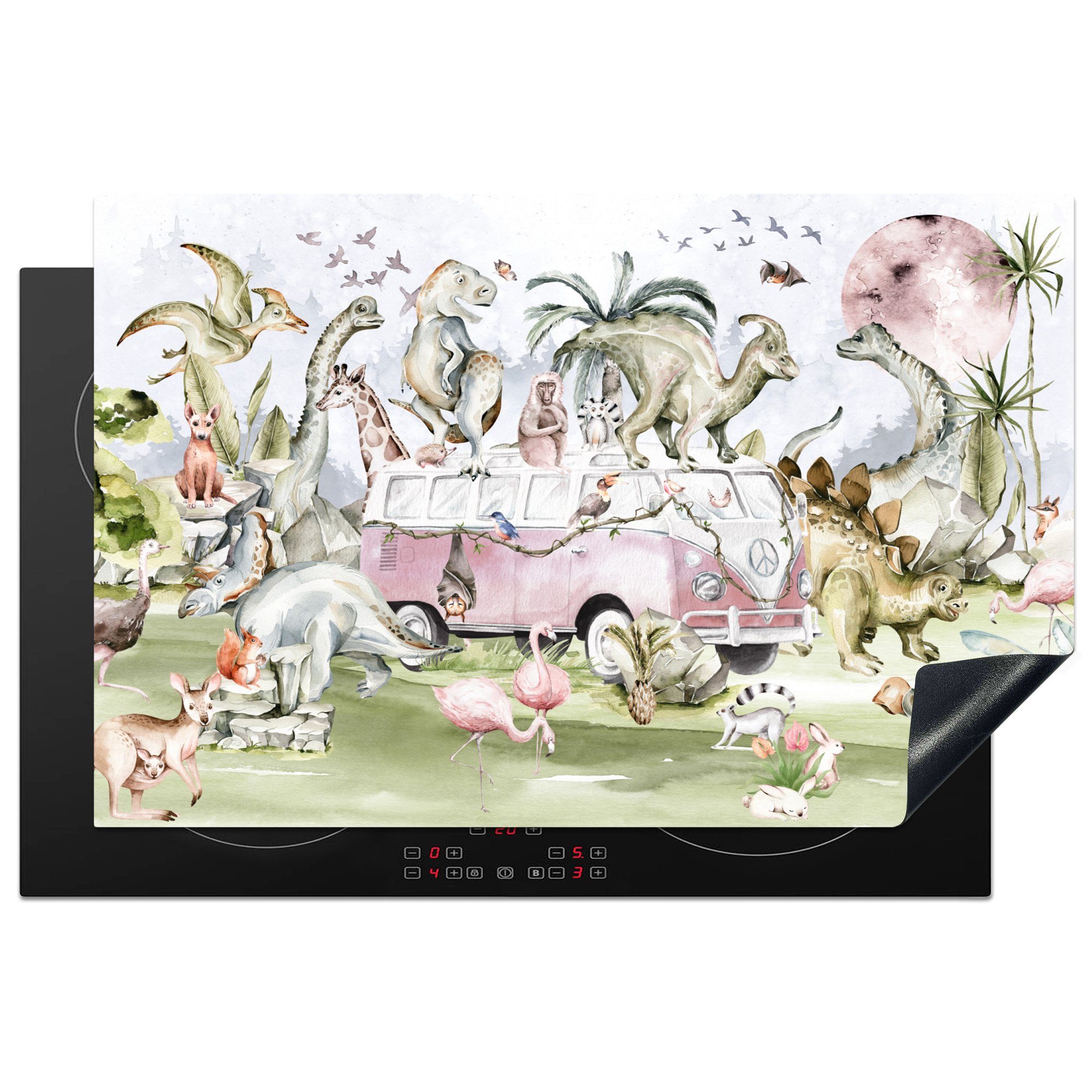 MuchoWow Herdblende-/Abdeckplatte Dinosaurier - Kinder - Bus - Bäume - Tiere - Kinder, Vinyl, (1 tlg), 81x52 cm, Induktionskochfeld Schutz für die küche, Ceranfeldabdeckung