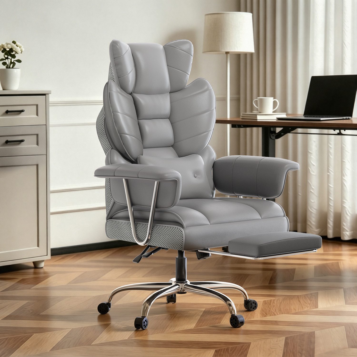 ZAISZE Bürostuhl Ergonomischer Leder Chefsessel mit Fußstütze – Komfort & Stil (Spar-Set), Hochlehner,Kopfstütze & Lordosenstütze,Höhenverstellbar & Drehbar – Bild 5 von 5