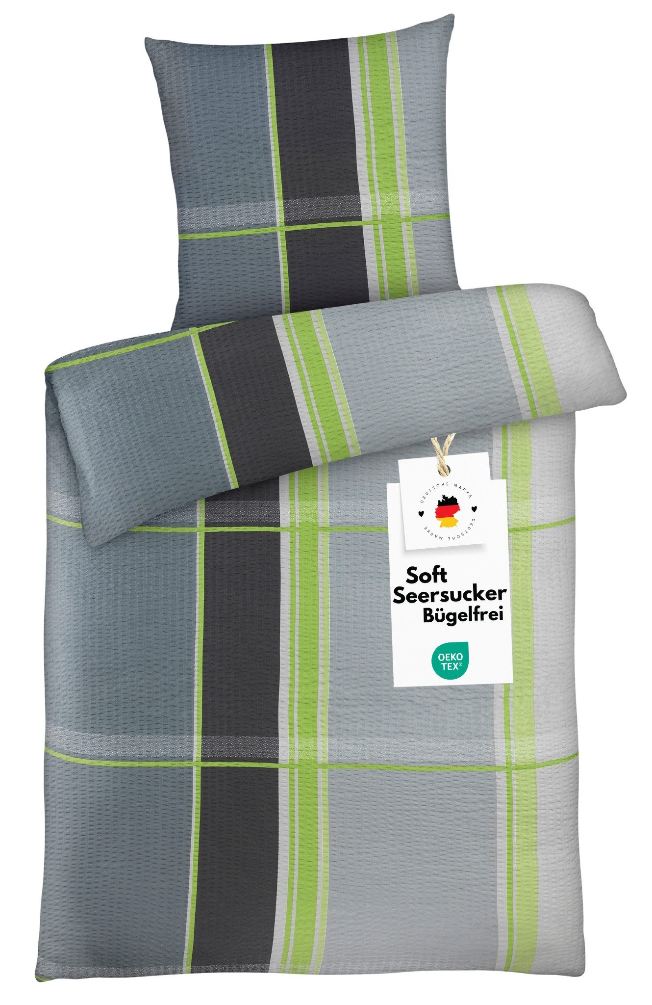 Carpe Sonno Bettwäsche Seersucker 135x200 Mikrofaser Bügelfrei Reißverschluss Sommer Bettzeug, Soft-Seersucker, 2 teilig, Kühlend leichte Polyester Bettwäsche Muster Grau Grün kariert