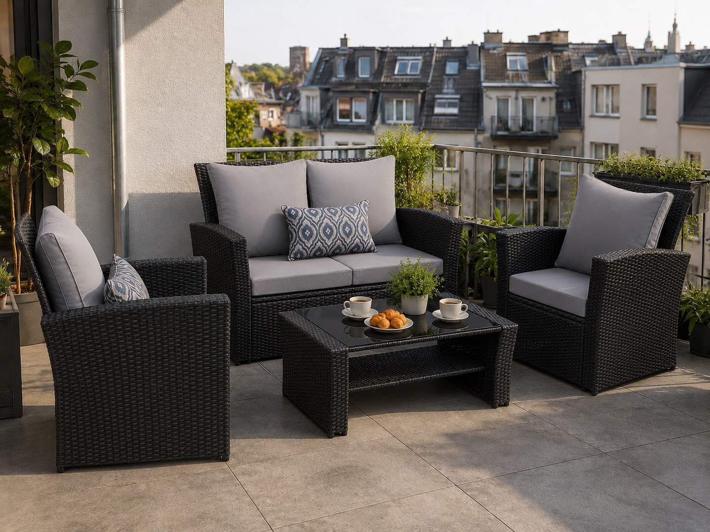MeXo Gartenlounge-Set Polyrattan Gartenmöbel Set für 4 Personen, wetterfest, (Balkonmöbel Set Sitzgruppe, 4-tlg., mit Tisch & Stauraum), hohe Rückenlehne 80 cm, breite Armlehnen 8 cm