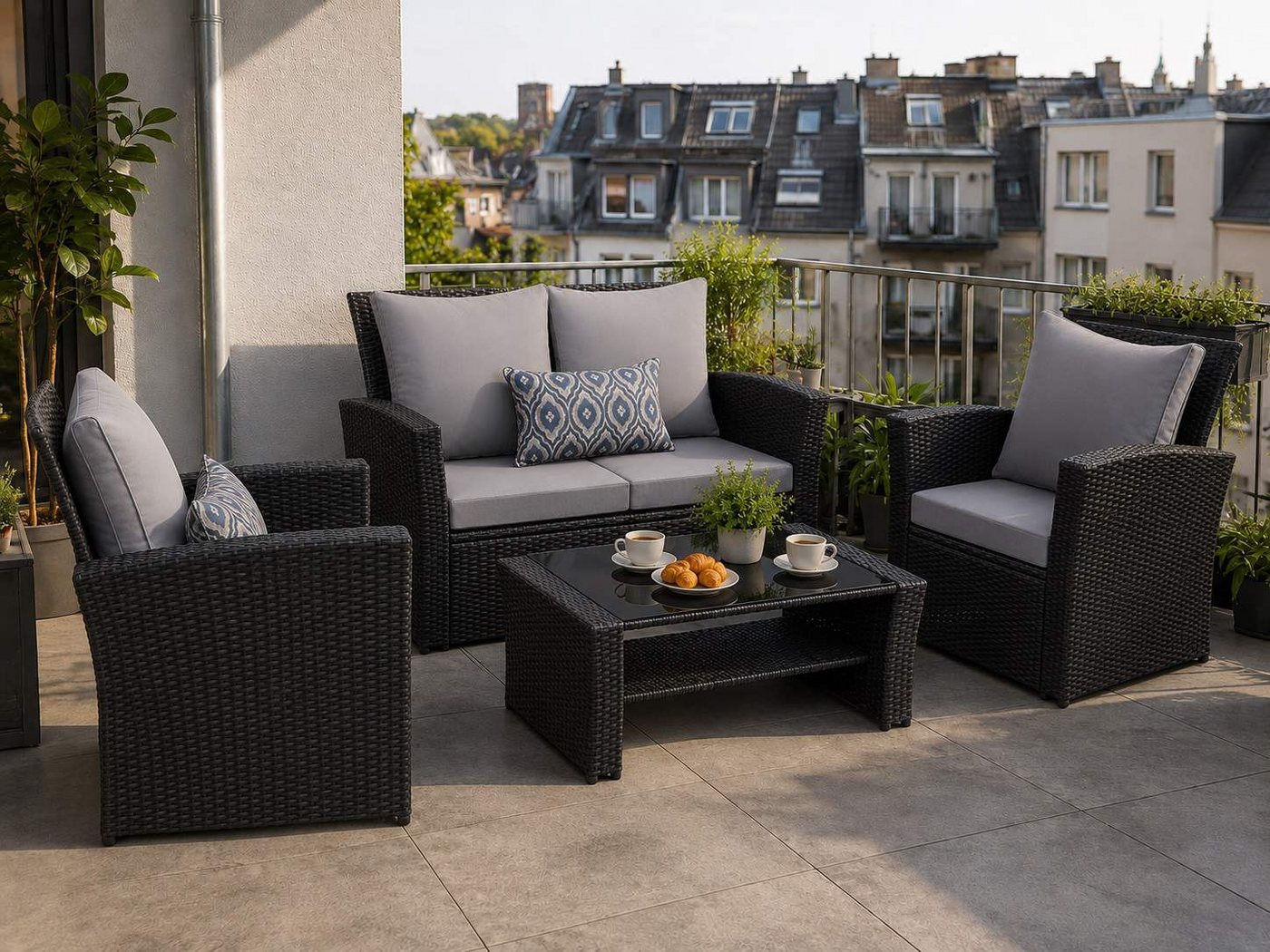 MeXo Gartenlounge-Set Polyrattan Gartenmöbel Set für 4 Personen, wetterfest, (Balkonmöbel Set Sitzgruppe, 4-tlg., mit Tisch & Stauraum), hohe Rückenlehne 80 cm, breite Armlehnen 8 cm