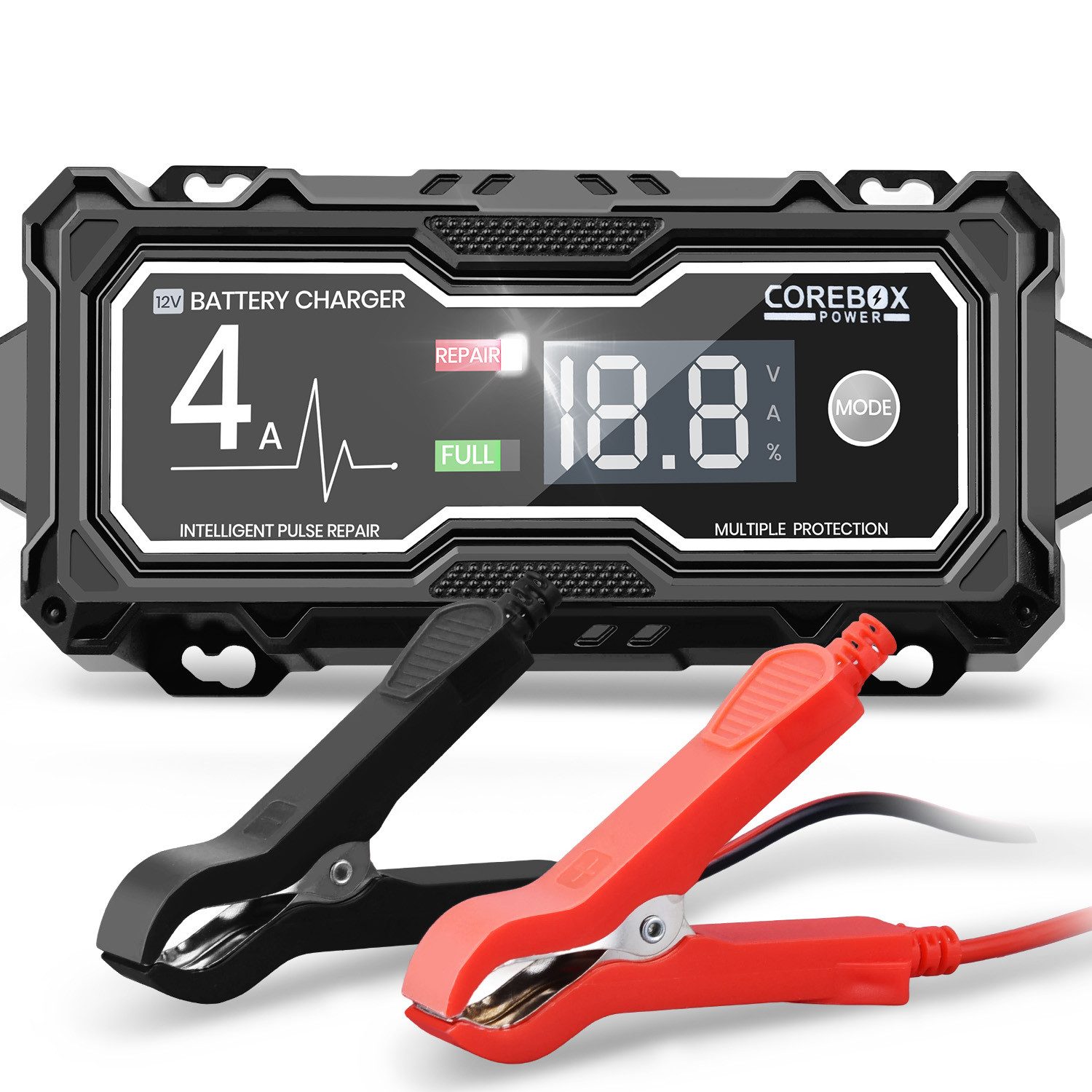 JVJH Autobatterie Ladegerät 12V 4A,Smart Automatische Autobatterie-Ladegerät (Ladegerät für Autos, Motorräder und Kleinlaster, mit LCD Display,Temperaturkompensation Reparaturmodus)