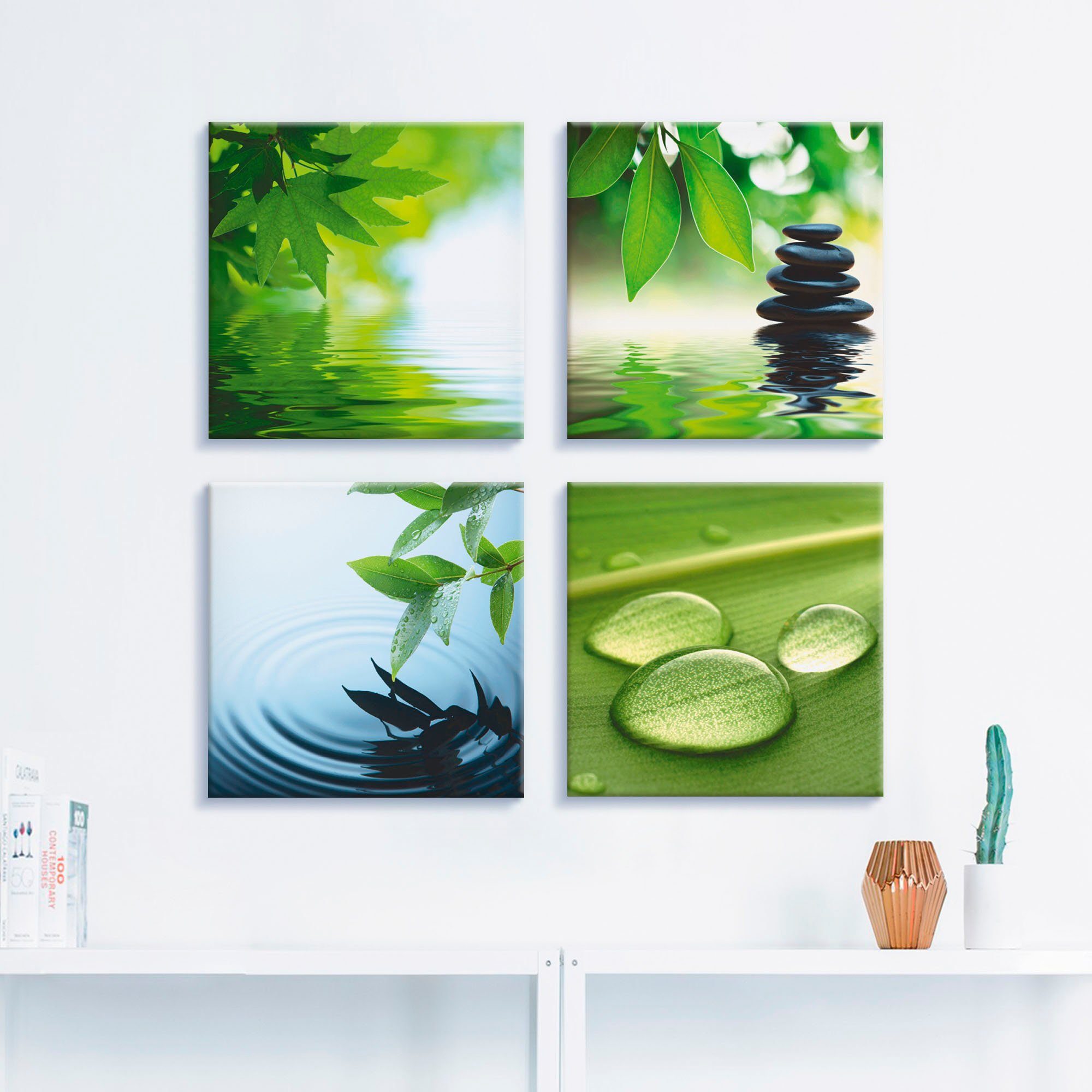 Artland Leinwandbild Blätter Wasser Zen Steinpyramide günstig online kaufen