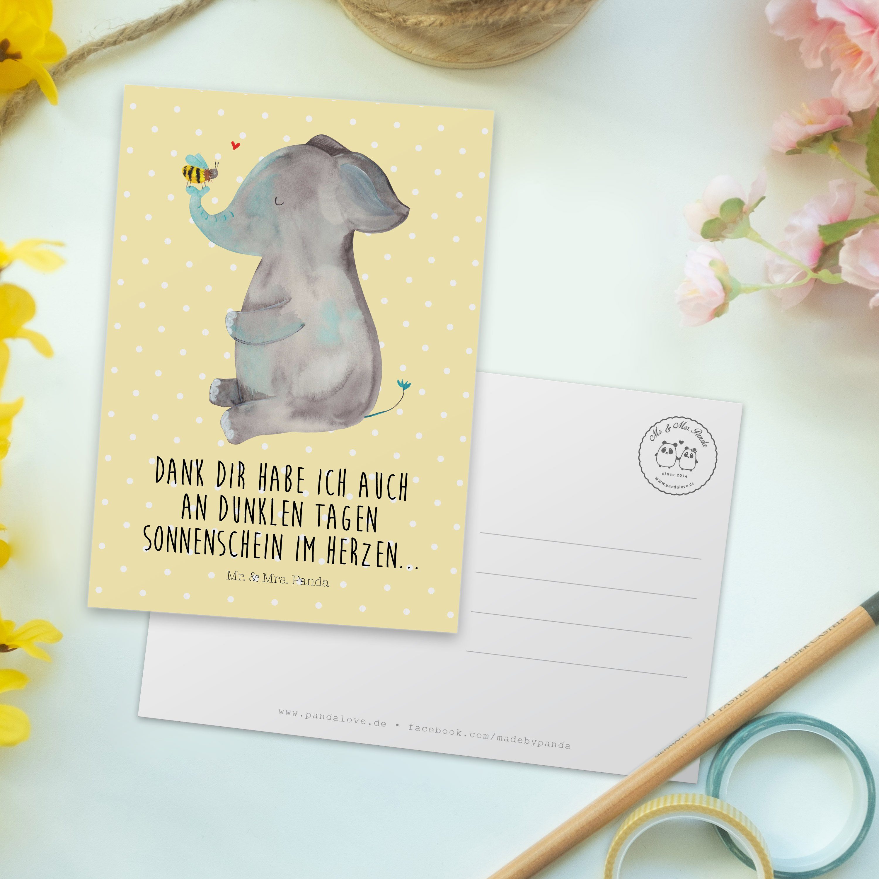 Mr. & Mrs. Panda Postkarte Gelb Laune - Gute Biene Heiratsantrag, Elefant - Geschenk, & Pastell