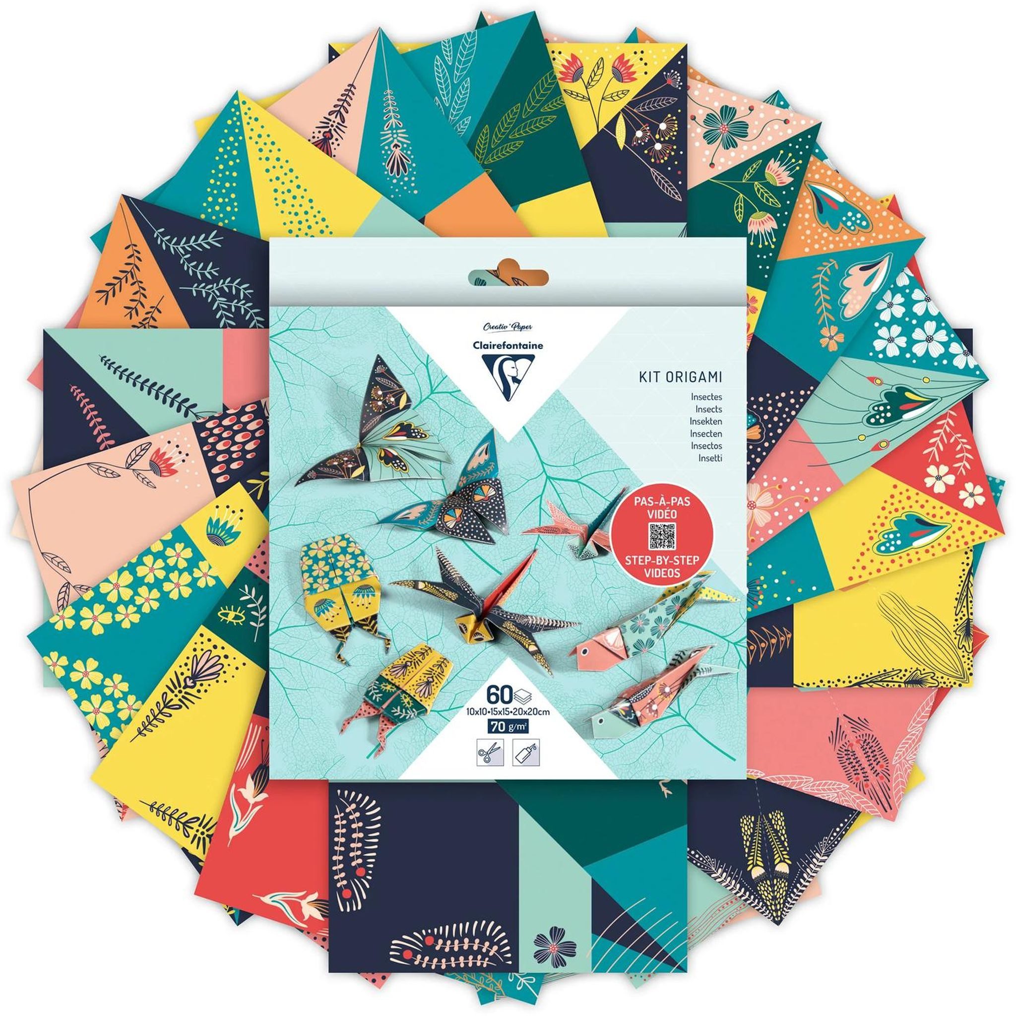 CLAIREFONTAINE Bastelkartonpapier Clairefontaine Origami, 60Bl 3 Formate, Insekten