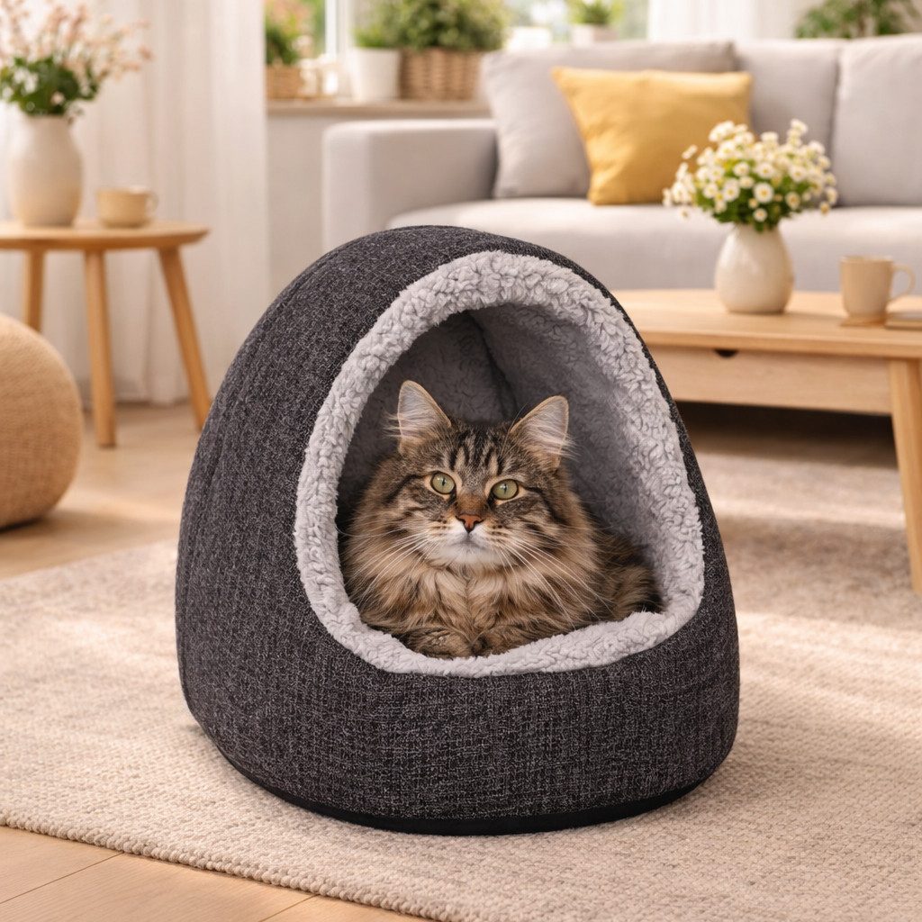 belviona Tierhöhle für Katzen & kleine Hunde, waschbar & weich, dunkelgrau, Katzenhöhle mit Wendekissen & rutschhemmender Unterseite