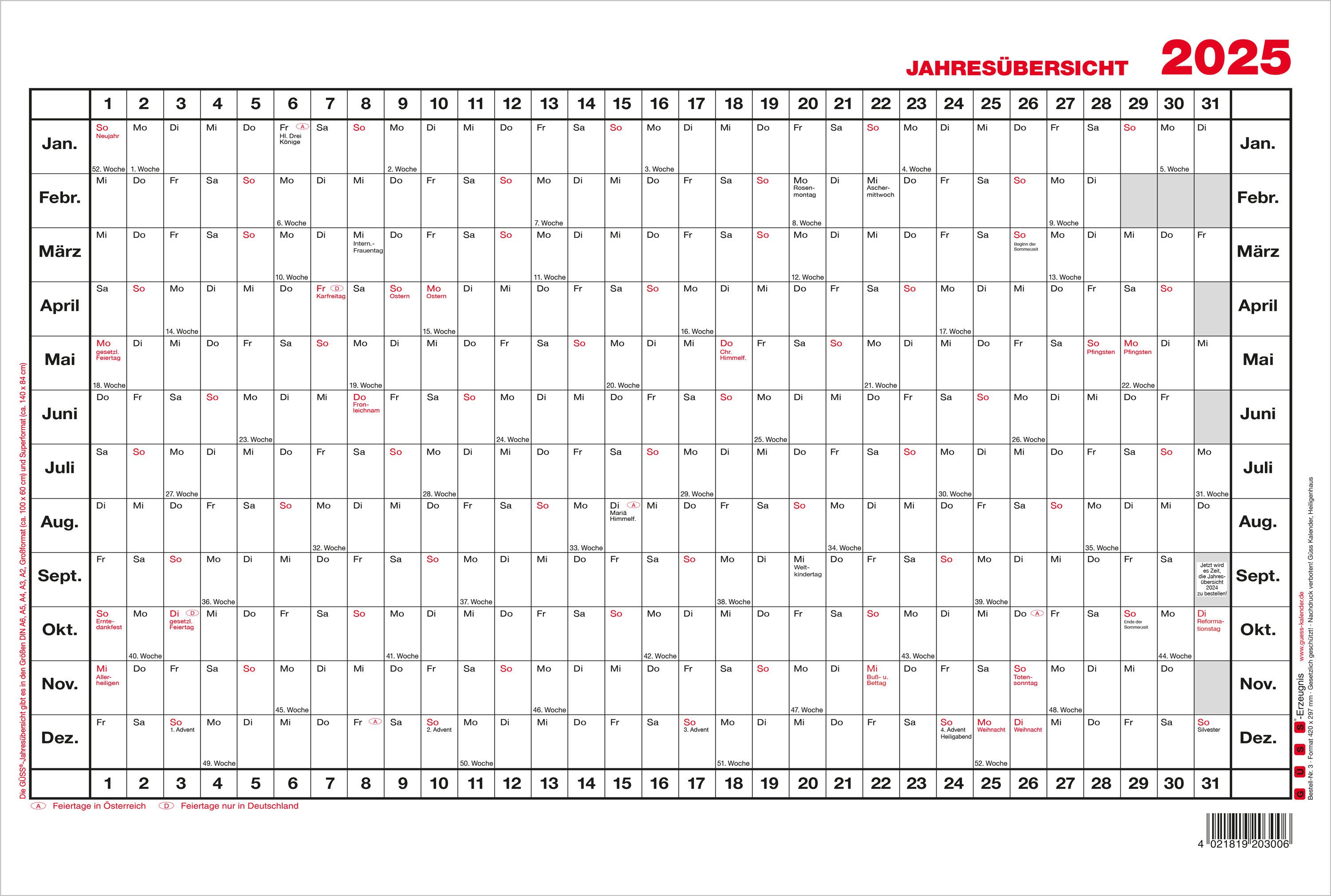 GÜSS Kalender Jahresplaner 2025 Güss Jahresübersicht DIN A3