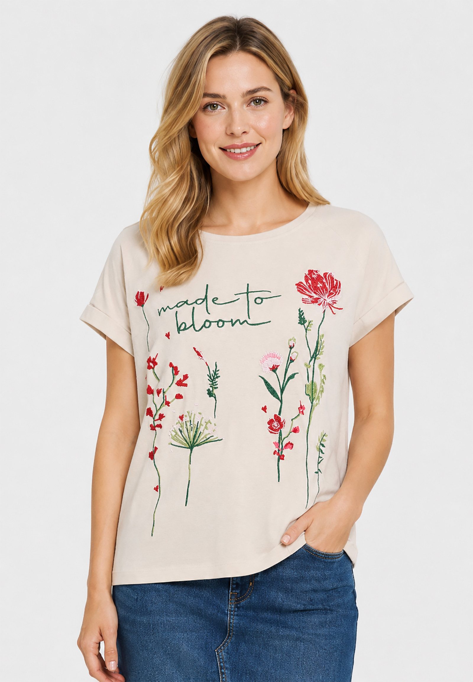 Eight2Nine T-Shirt Blumenstickerei Rundhals Kurzarm für Damen (1-tlg) D12022M02843A_T-shirts