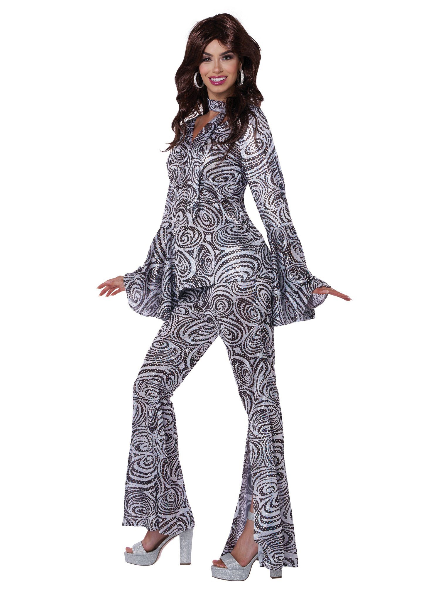 Metamorph Kostüm Disco Wirbelwind Kostüm, Dreht sich im Kreis: 70er Partydress mit silbernen Wirbeln