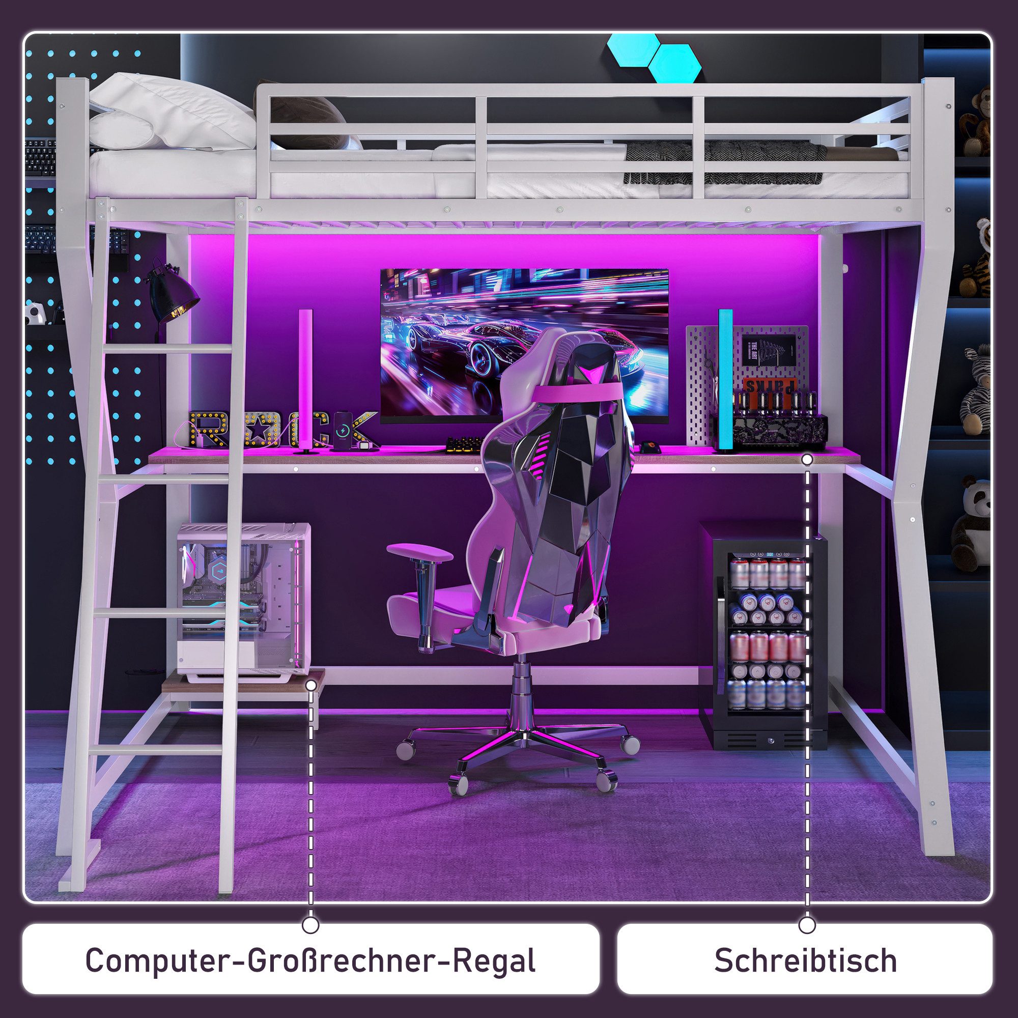 Flieks Hochbett LED Metallbett 90x200cm mit Schreibtisch und Aufladenfunktion