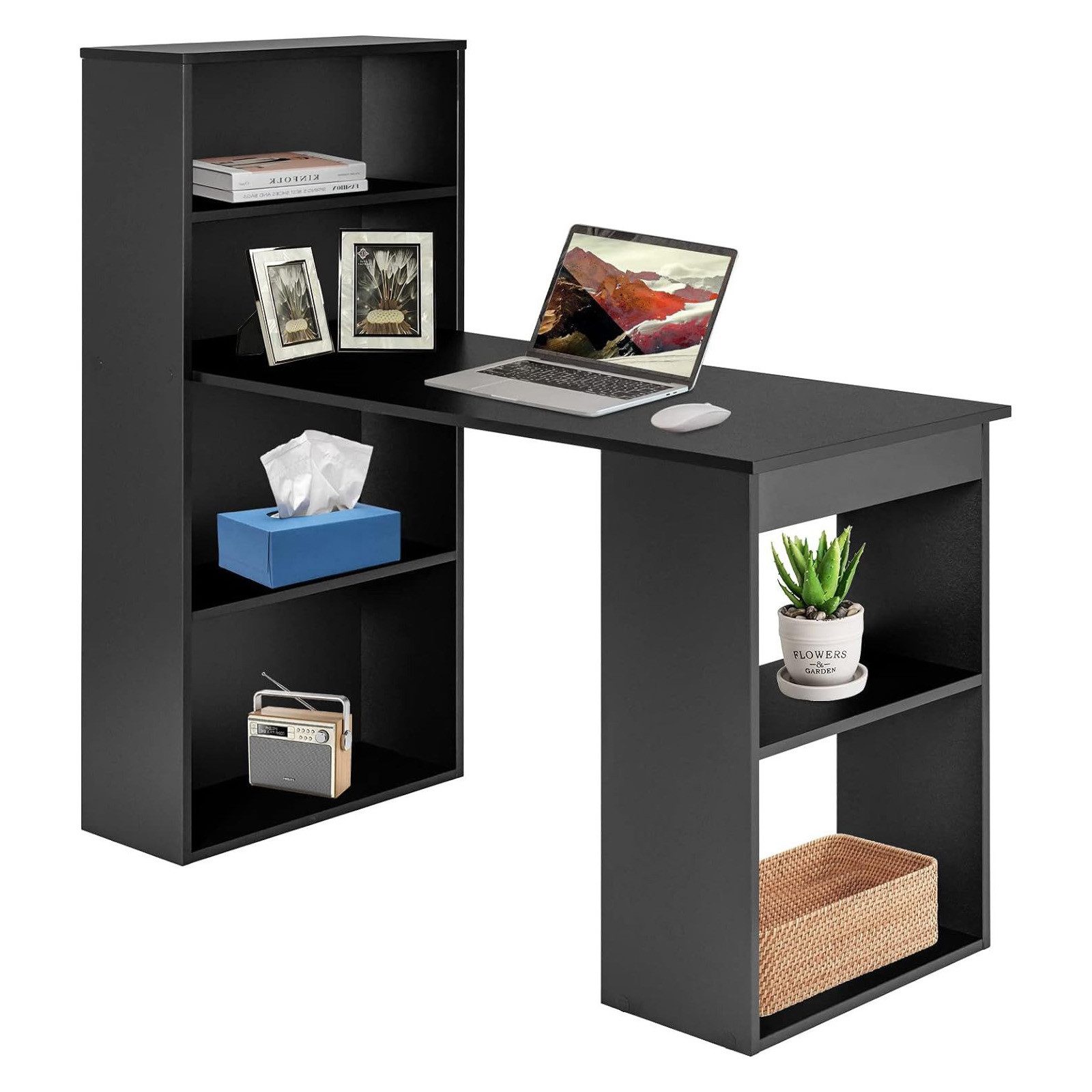 KOMFOTTEU Schreibtisch Computertisch, mit Bücherregal, 6 Regalen, PC Gaming Tisch