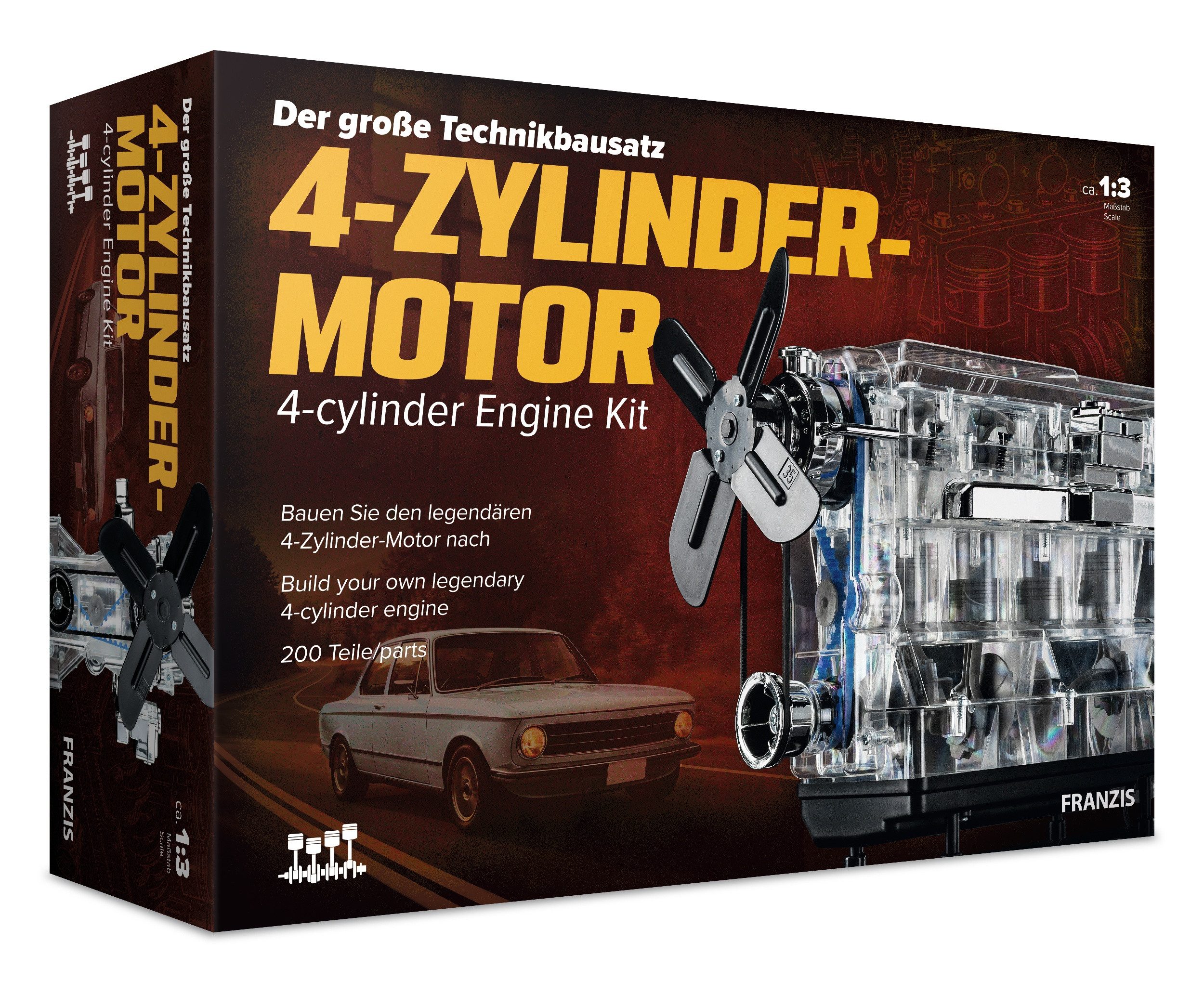 Franzis Modellbausatz 4-Zylinder-Motor Motorbausatz Modellmotor im Maßstab 1:3 FRANZIS