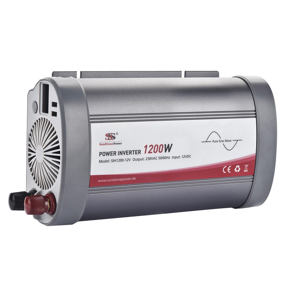 Sunstone Power Spannungswandler 1200W Reiner Sinus Wechselrichter (2400W Surge) DC 12V auf AC 230V, 2 230-V-AC-Ausgänge, 2 USB-Anschlüsse, 1 LCD-Display