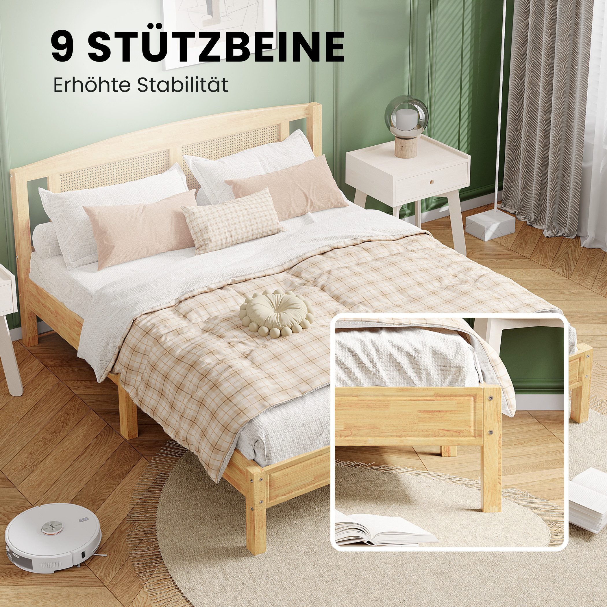 SeedWave Massivholzbett Doppelbett mit Rattan Bettkopfteil, Holzbett, Lattenrosten,160X200cm