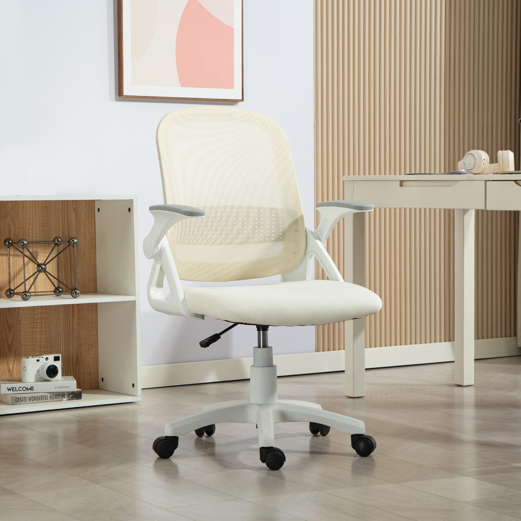 HOMCOM Bürostuhl Drehstuhl mit Wippfunktion, Netzbespannung, Computerstuhl weiß (PC Stuhl, 1 St), Ergonomischer Schreibtischstuhl, atmungsaktiv, höhenverstellbar