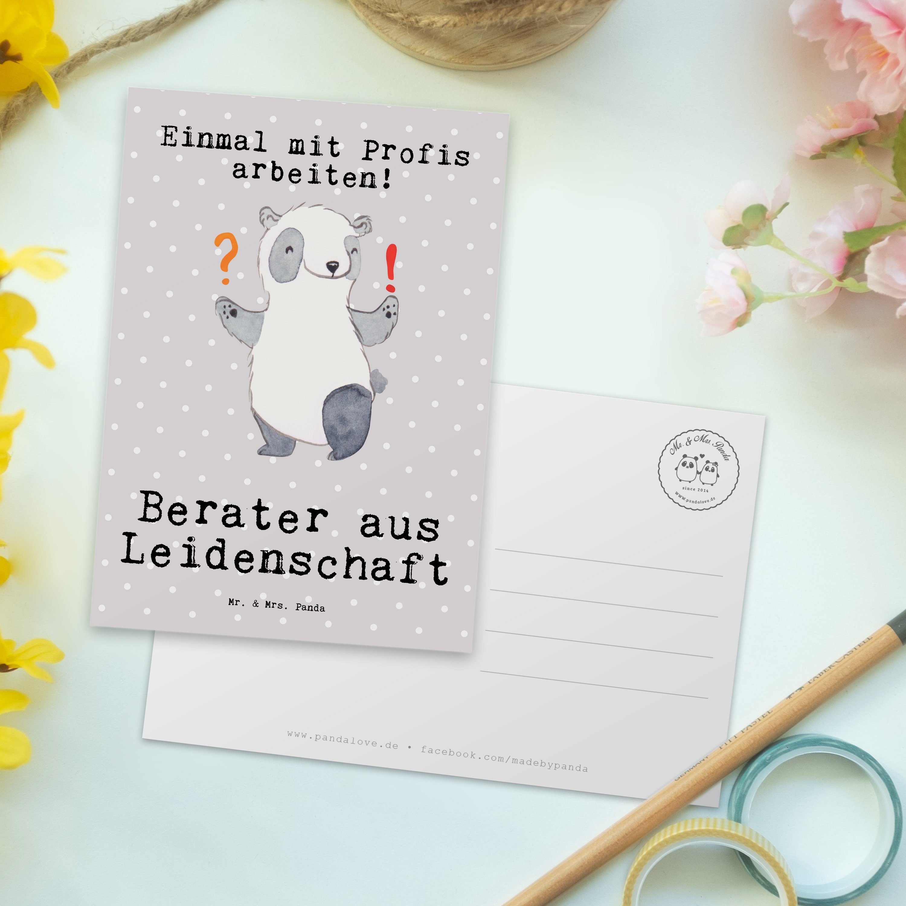 Berater Mr. Panda - Mrs. Grau Postkarte & Pastell Geschenk, - aus Leidenschaft Geburtstagskarte