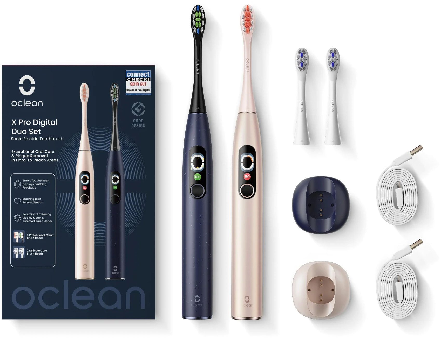 Oclean Elektrische Zahnbürste X Pro Digital Duo Blau / Gold, Ladeanzeige, Betriebskontrollleuchte, Zeitschaltuhr, Andruckkontrolle