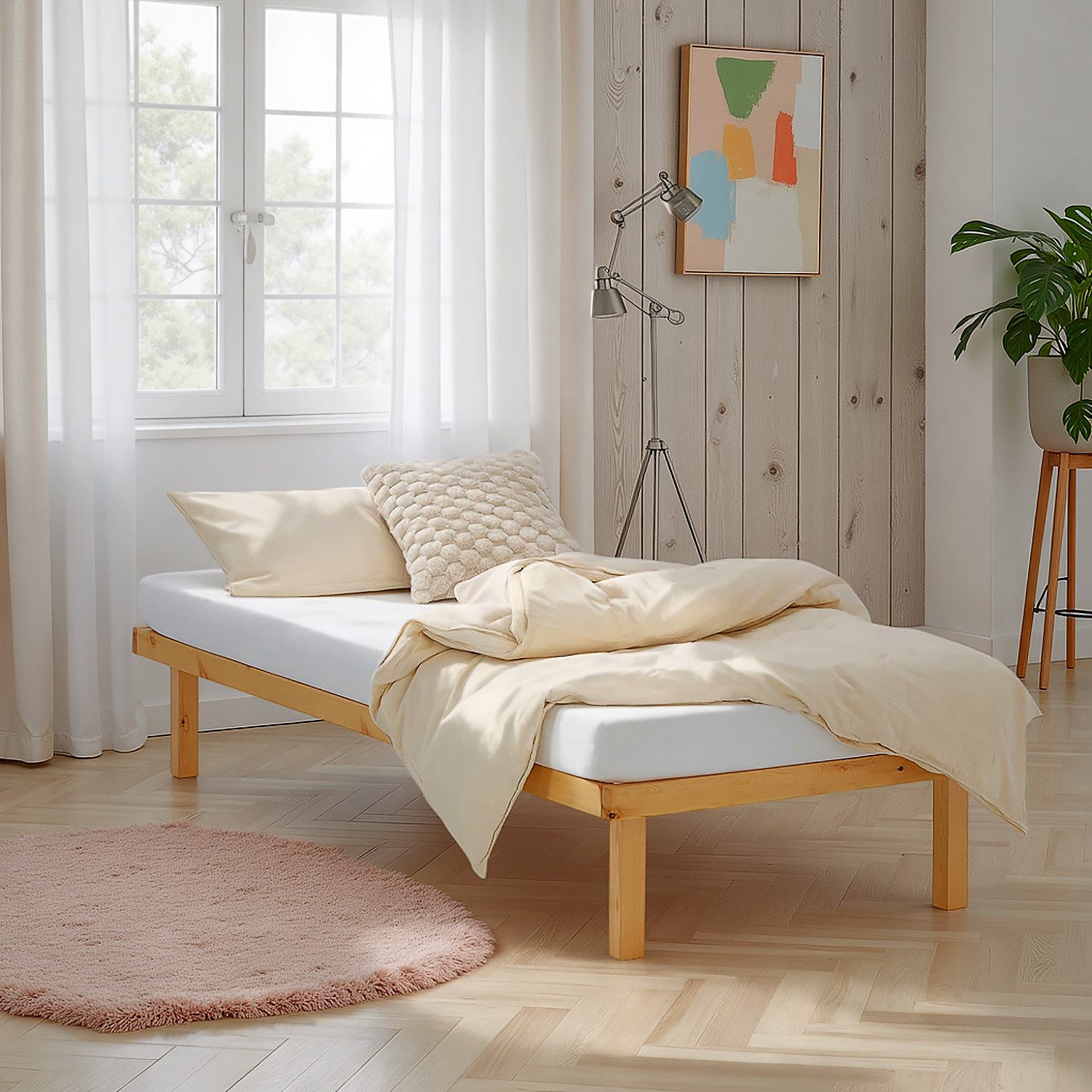 Homestyle4u Kinderbett Einzelbett 90x200 Palettenbett Natur Boden Holz ohne Kopfteil (Set, mit Lattenrost)