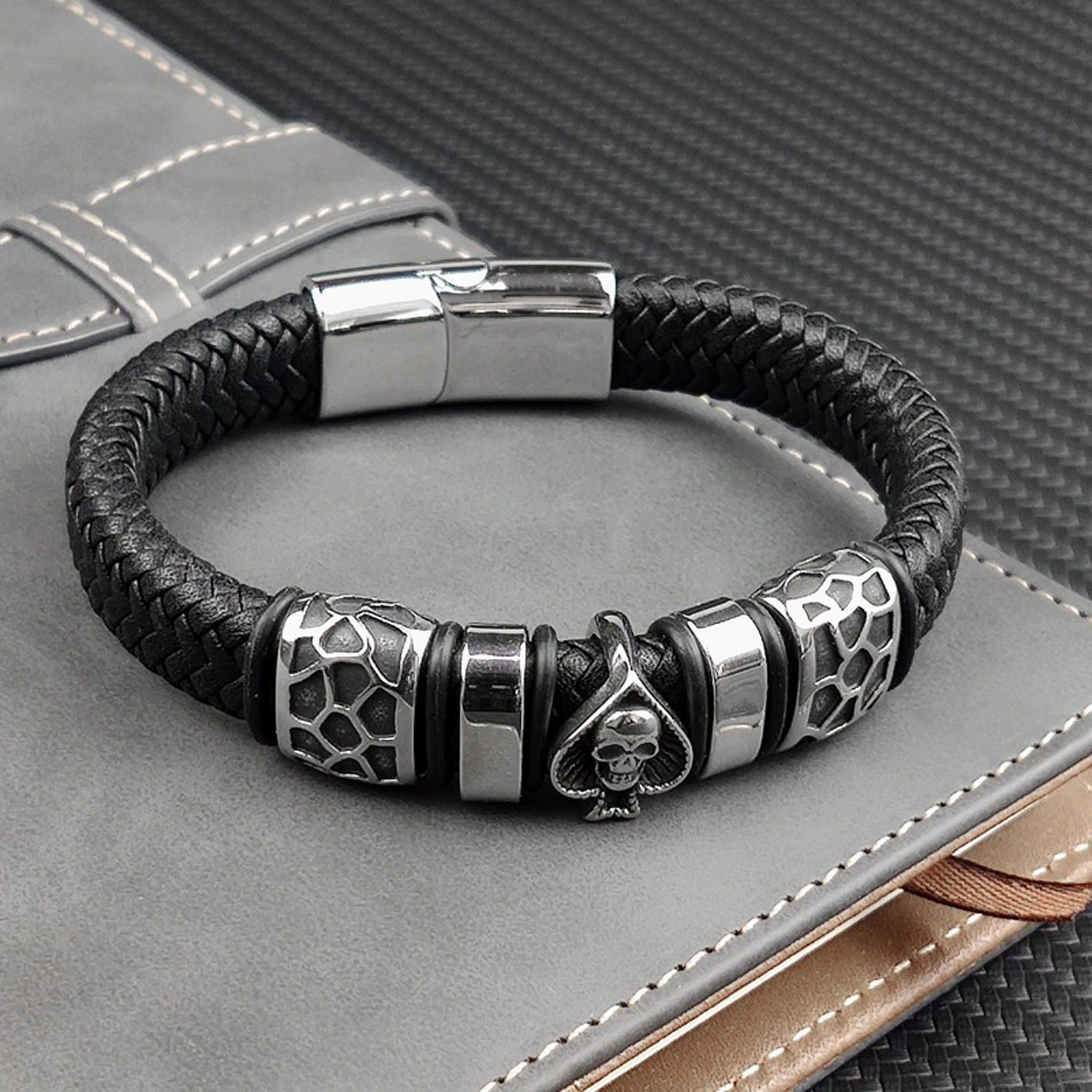 "ACE Herren OF Casual Geflochten Lederarmband Style, (Edelstahl, Handgefertigt) SPADE" Lederarmband Echtleder, UNIQAL.de