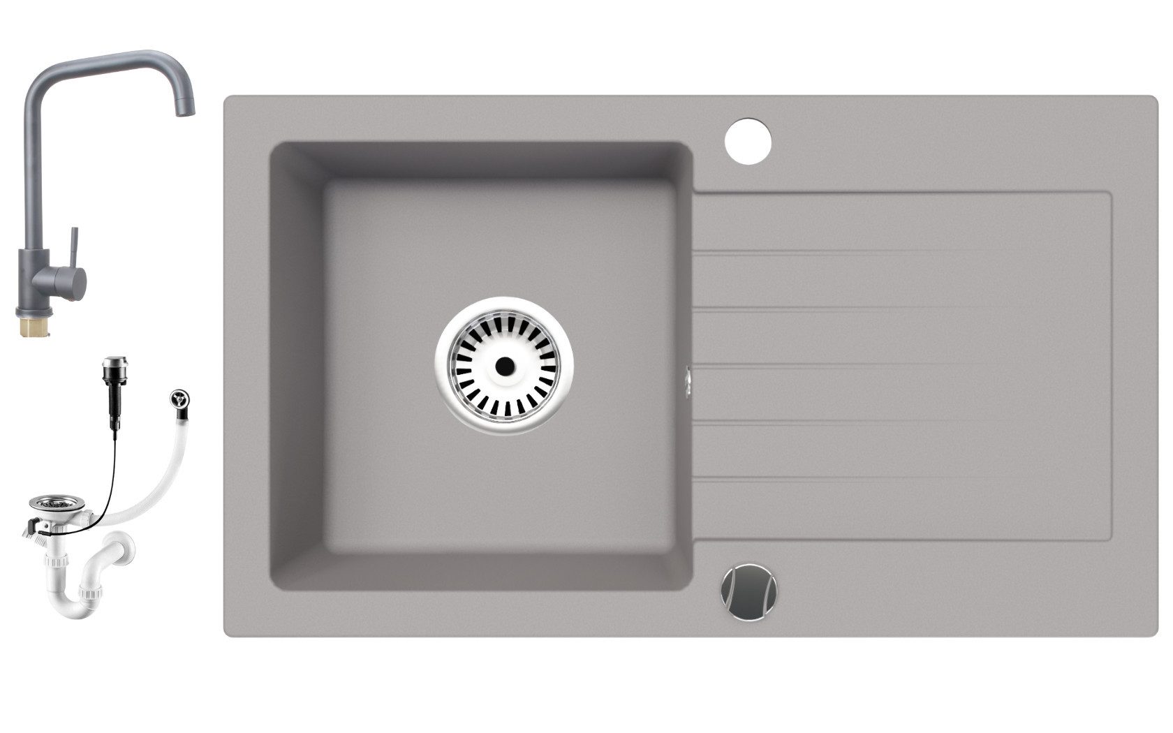 Faizee Möbel Granitspüle Faizee Home Granitspüle 75×43,5 cm mit Armatur Steel – Einbauspüle, Beidseitig montierbar, kratzfest, hitzebeständig bis 280 °C, pflegeleicht, EU-Herstellung, (Spüle mit Armatur, Granitspüle 75×43,5, Armatur Steel, Siphon inkl., Montagesatz dabei), Granitspüle 75×43,5, beidseitig montierbar, kratzfest, Siphon inkl.