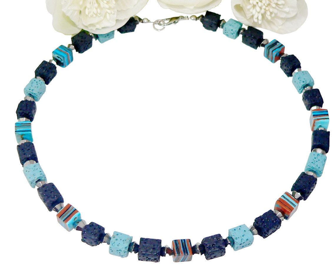 traumschmuck Kette ohne Anhänger 112b Halskette Würfel Malachit mehrfarbig türkis schwarz Lava schwarz (Geschenk, Muttertag, Weihnachten, Geburtstag, Valentinstag, incl. Schmuckbox), handgefertigt, Made in Germany