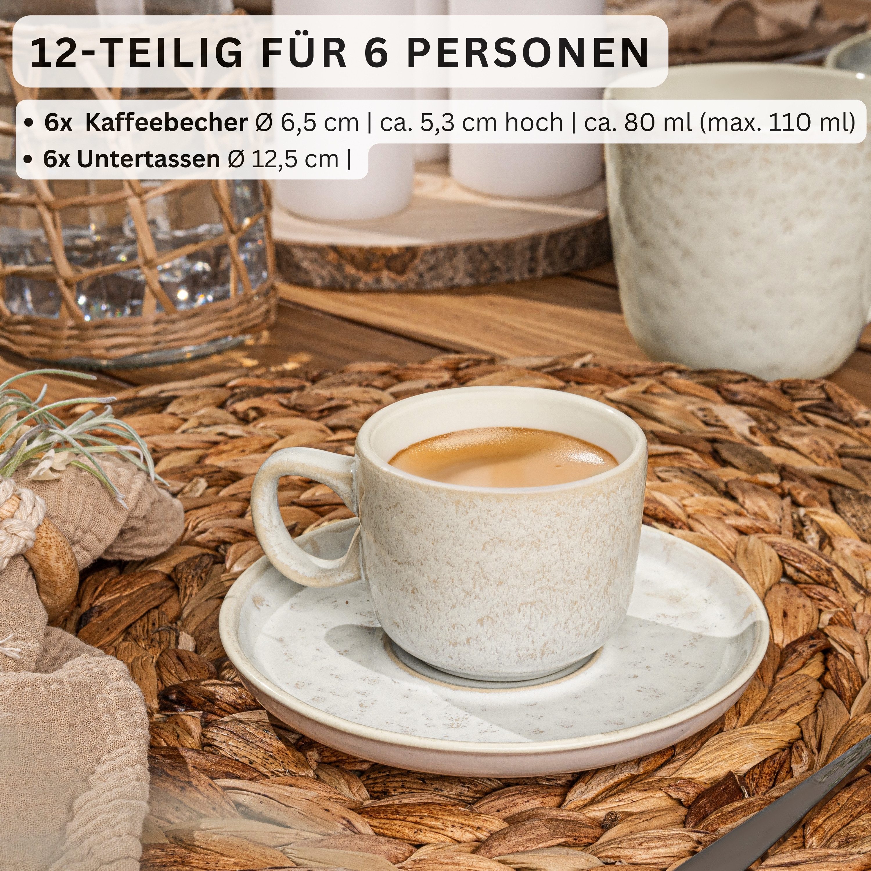 SÄNGER Espressotasse Set Key West, 12-tlg., Steingut, Creme mit Maserung, 12 tlg. Kaffeetassen Set, VALUE COLLECTION