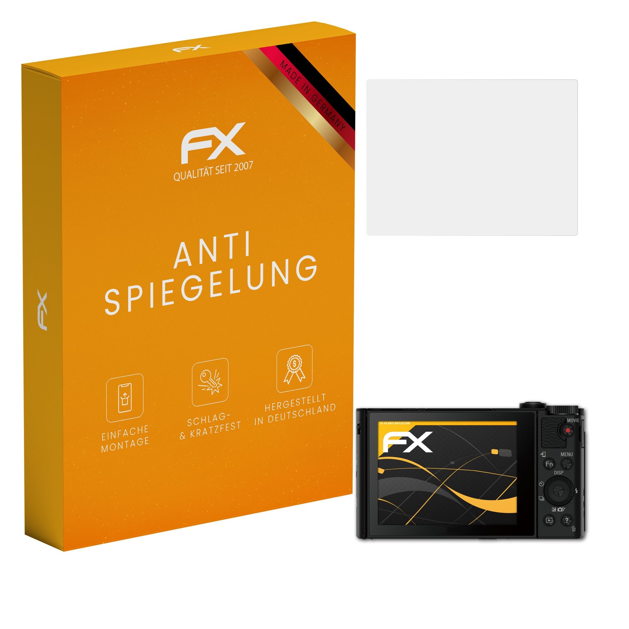 atFoliX Schutzfolie für Sony DSC-HX90, (3 Folien), Entspiegelnd und stoßdämpfend