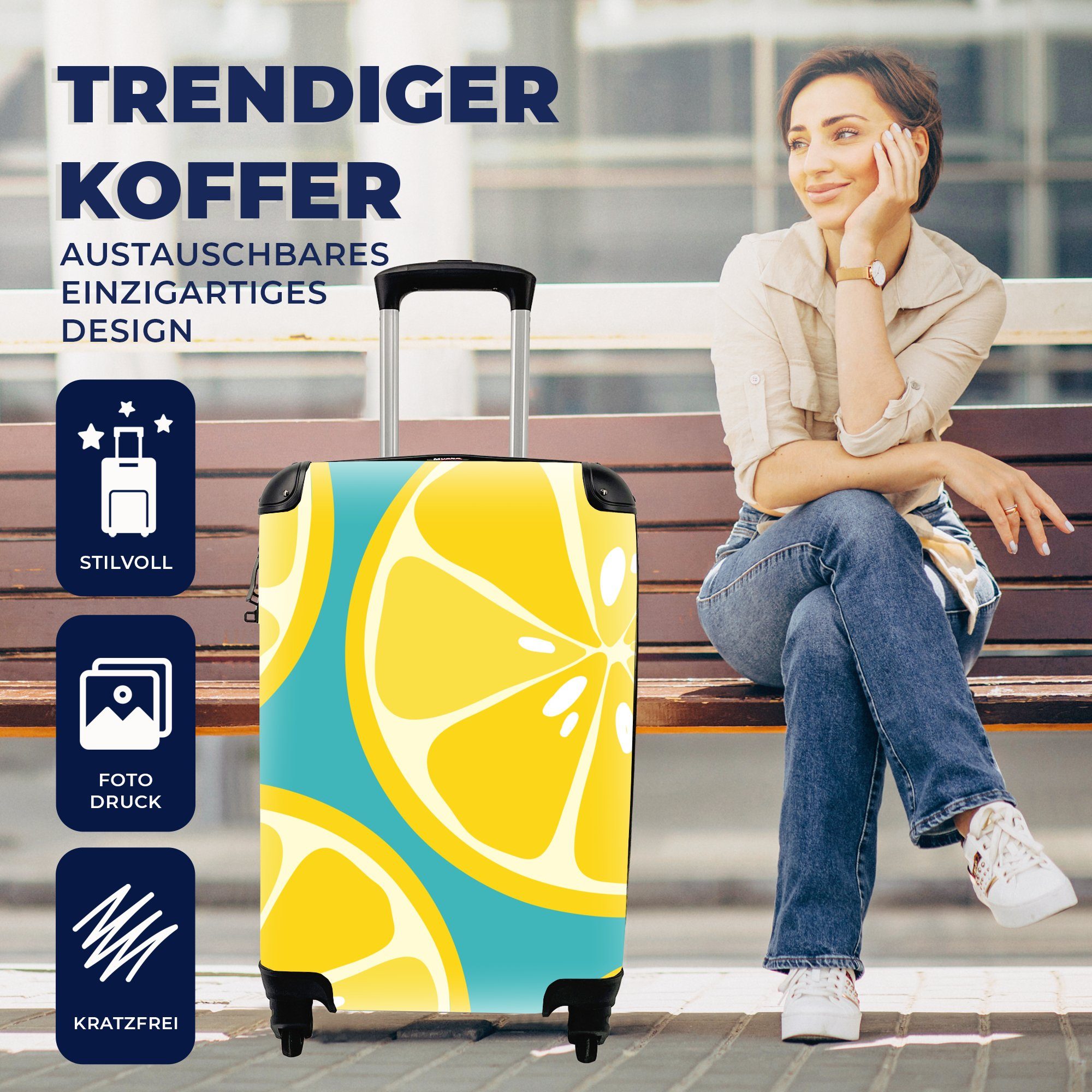 4 rollen, Handgepäck Hintergrund, auf Trolley, Reisetasche Ferien, blauen von mit Zitronen Rollen, Handgepäckkoffer Illustration für einem Reisekoffer MuchoWow